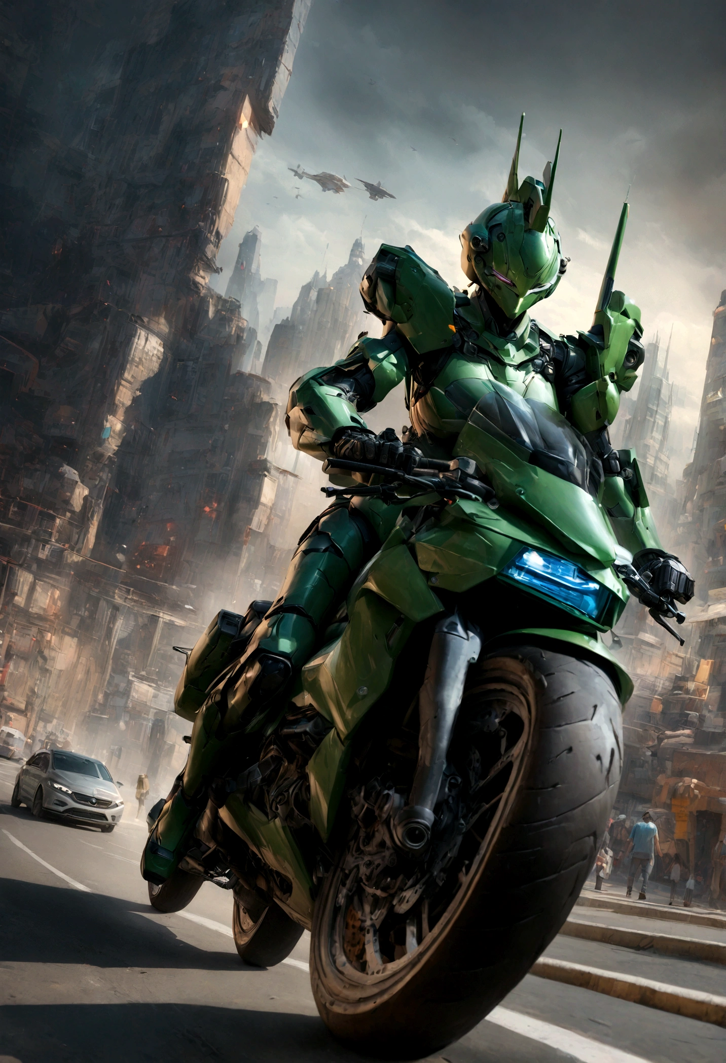 Highest image quality, outstanding details, ultra-high resolution, (realism: 1.4), the best illustration, favor details, highly condensed 1girl, with a delicate and beautiful face, dressed in a black and green mecha, wearing a mecha helmet, holding a directional controller, riding on a motorcycle, the background is a high-tech lighting scene of the future city. surreal illustration, surreal rendering, clean digital rendering, photo realistic rendering, surreal illustration