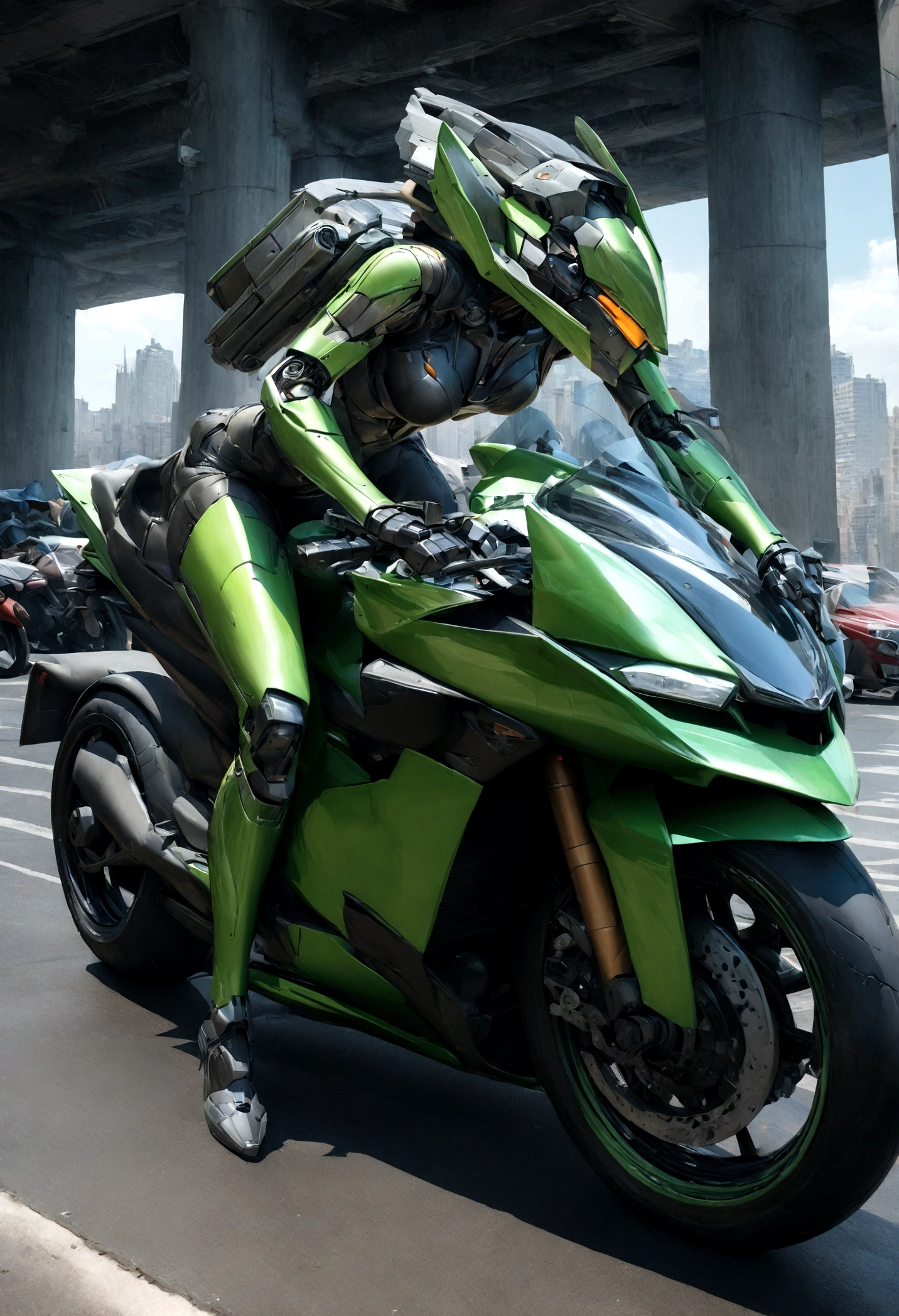 Highest image quality, outstanding details, ultra-high resolution, (realism: 1.4), the best illustration, favor details, highly condensed 1girl, with a delicate and beautiful face, dressed in a black and green mecha, wearing a mecha helmet, holding a directional controller, riding on a motorcycle, the background is a high-tech lighting scene of the future city. surreal illustration, surreal rendering, clean digital rendering, photo realistic rendering, surreal illustration