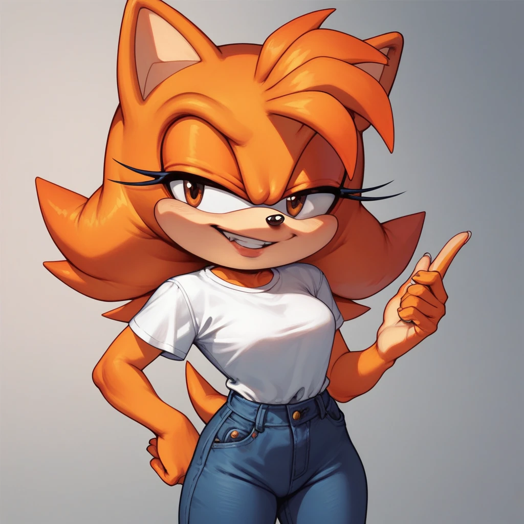 (score_9, score_8_up, 2d), sonic_(series), hedgehog girl mobian, female mobian, red orange hair, red orange fur, brown eyes, shirt, pants, smug, solo.