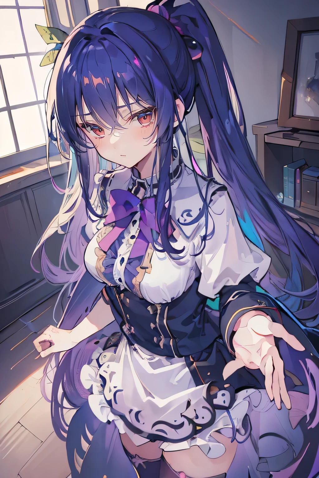 (best quality:1.3), (masterpiece:1.3), (illustration:1.3), (ultra-detailed:1.3), (imid shot:0.9), 1girl, medium breasts, purple eyes, (((dark blue hair))), hair ornaments, young, outfit-gladiia, long hair, dark blue hair, indoors, black shorts, thigh-highs, low ponytail, expressionless, upper body, close up, coat, skirt,