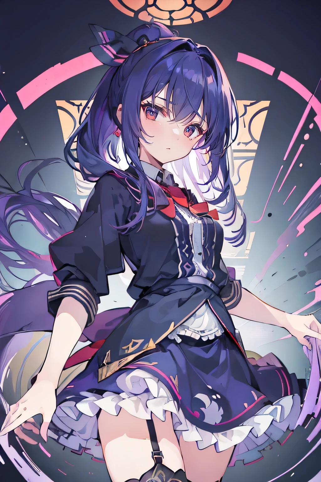 (best quality:1.3), (masterpiece:1.3), (illustration:1.3), (ultra-detailed:1.3), (imid shot:0.9), 1girl, medium breasts, purple eyes, (((dark blue hair))), hair ornaments, young, outfit-gladiia, long hair, dark blue hair, indoors, black shorts, thigh-highs, low ponytail, expressionless, upper body, close up, coat, skirt,