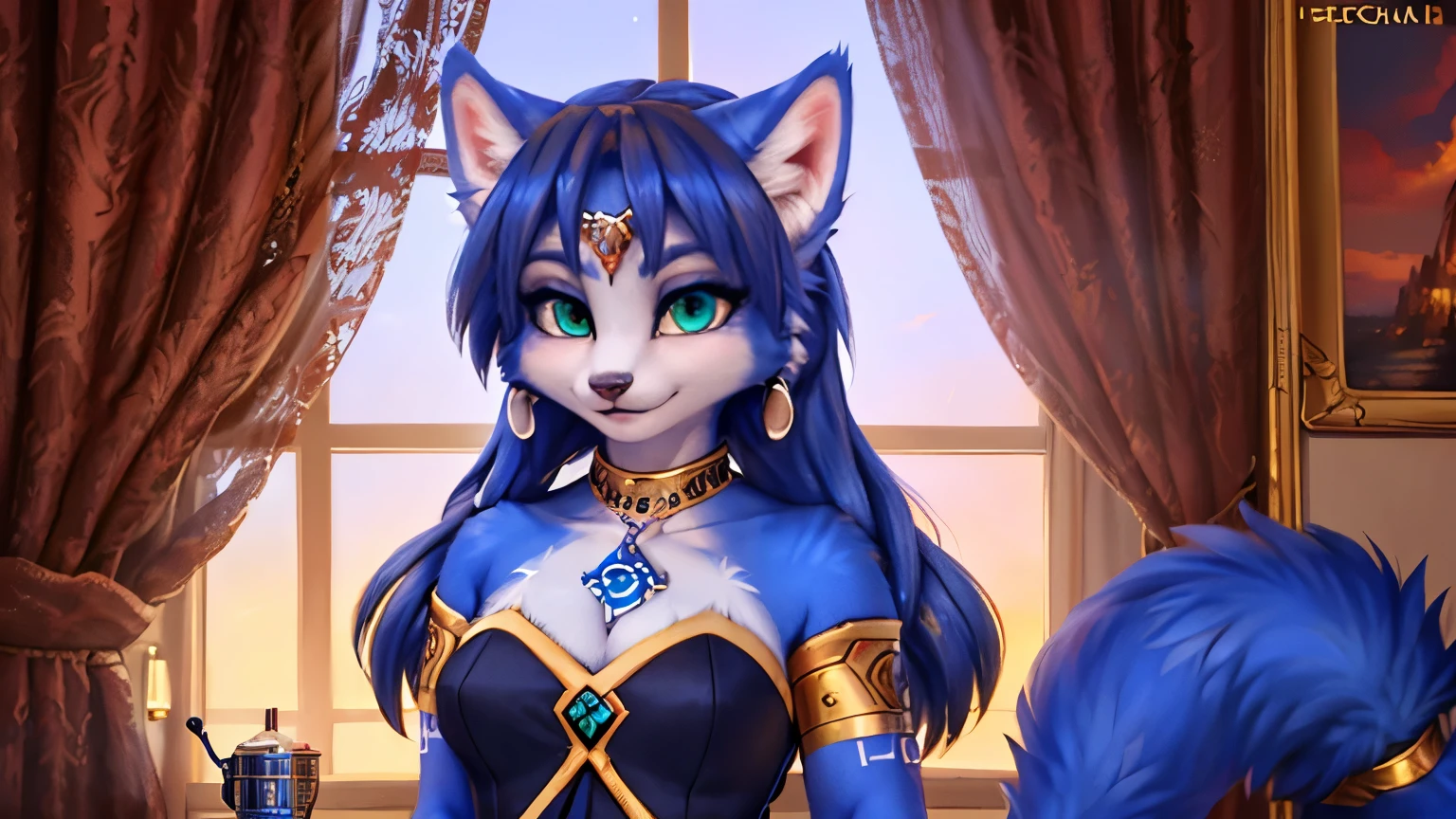 A beautiful and detailed (sweet full body portrait) von ((Krystal)), Sternenfuchs Krystal, Schlank, liebenswert, green eyes, medium breasts, (((Lange blaue Haare 1.3))), ((schwarze haarspitzen)), Dekollete, (((dessous tragend:1.5))),Grinsen, hoch schauen,, anthro, Pelzig, Hochgeladen E621, detailed flauschige fur, (von Fluff-Kevlar, Bayard Wu, Personalami, Pino Daeni), detailliertes Gesicht, (flauschige), 1 girl, Allein, Stammes-Kleidung, sweet girl, solo,