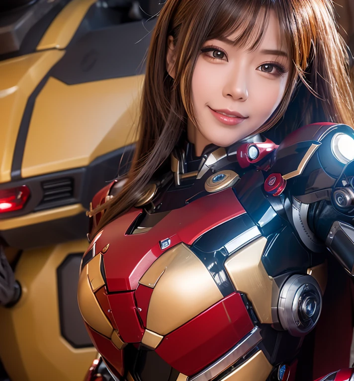 Textured skin, Super Detail, high details, High quality, Best Quality, hight resolution, 1080p, hard disk, Beautiful,(Iron Girl),Beautiful Smile,beautiful cyborg woman,Mecha Cyborg Girl,Battle Mode,Girl with a Mecha Body,She wears an Iron Man mech,A powerful cyborg woman, sleek and futuristic, with advanced mechanical augmentations that enhance her strength and capabilities