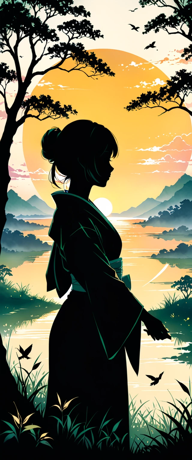 (Silhouette art,Cuts:1.6) (((The Art of Paper Cutting,world, where only black exists:1.3) (cowboy shot),1 girl,One, (Kimono girl,profile:1.2),white, Clean and beautiful face,Sunrise after break (morning glow、alto green grass:1.1) Textured glass background,