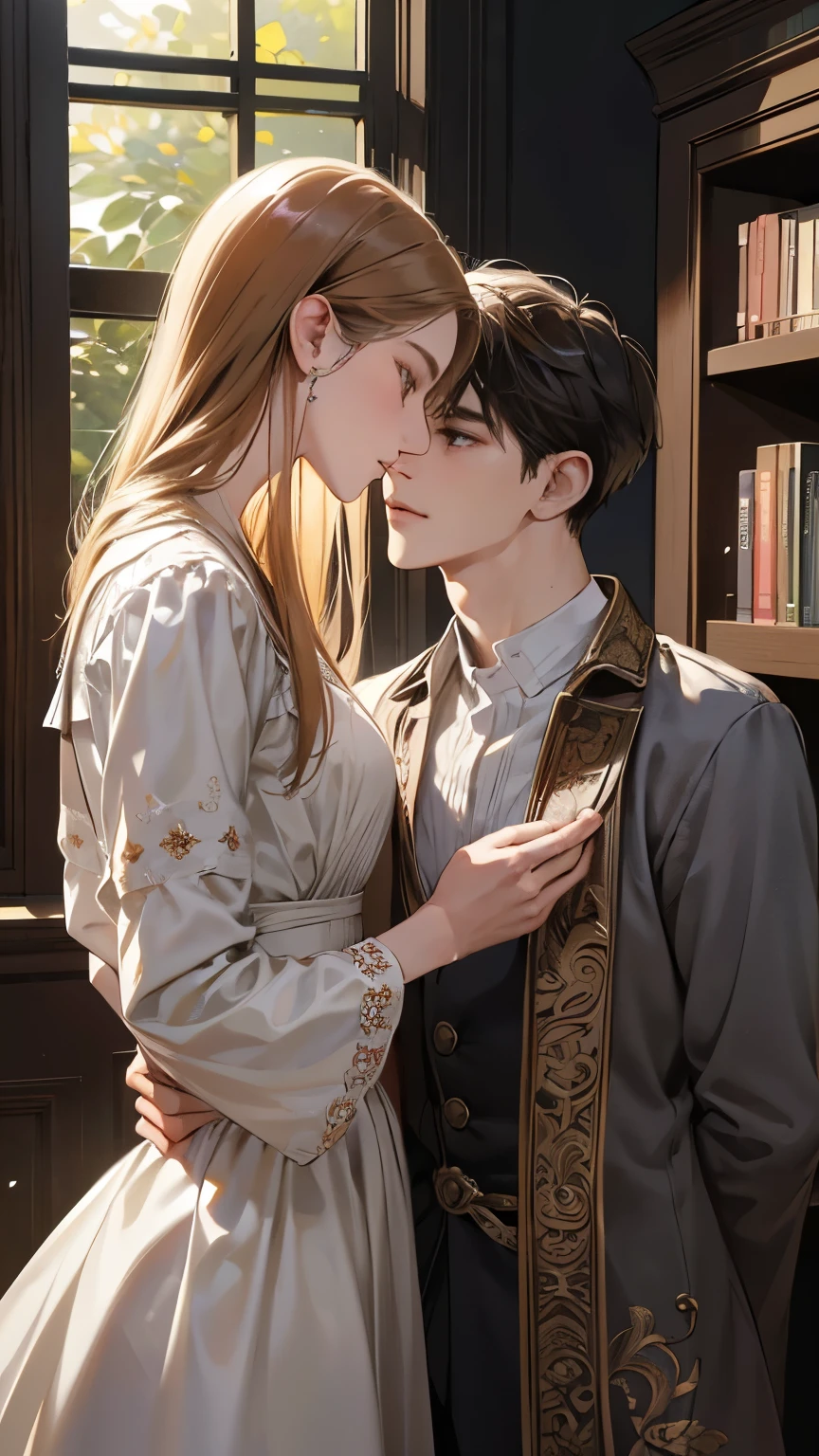 masterpiece, best quality, Practical, In the library of Alcott Manor,Alex and Nicholas share a quiet corner。A tradition of sharing book pages led Alex to《the art of love》Pass to Nicholas。When Nicholas read the verses,their relationship deepens,leading to an intimate kiss,Their emotions echoed in the silent night, (absurd, High resolution, Super detailed), facial details,Delicate and meticulous, 8K, Reality, Dramatic Lighting, high quality, Complex design, enlarged texture, Exquisite details