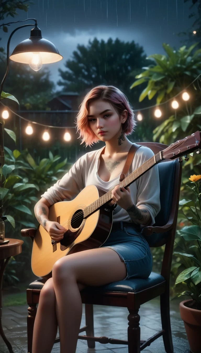 The Rule of Thirds，Rainy night garden,sit on the chair,Girl with tattoo,Play the guitar,photoPractical,Dramatic Lighting,RAW photos,4k,Clear focus,high resolution,8K uhd,high quality,Film Grain,Fuji XT3, elegant girl, Beautiful young woman, high quality, 8K, Practical, photoPractical, professional, Bright colors, Natural Lighting, Movie, fantasy, magic, Fantastic