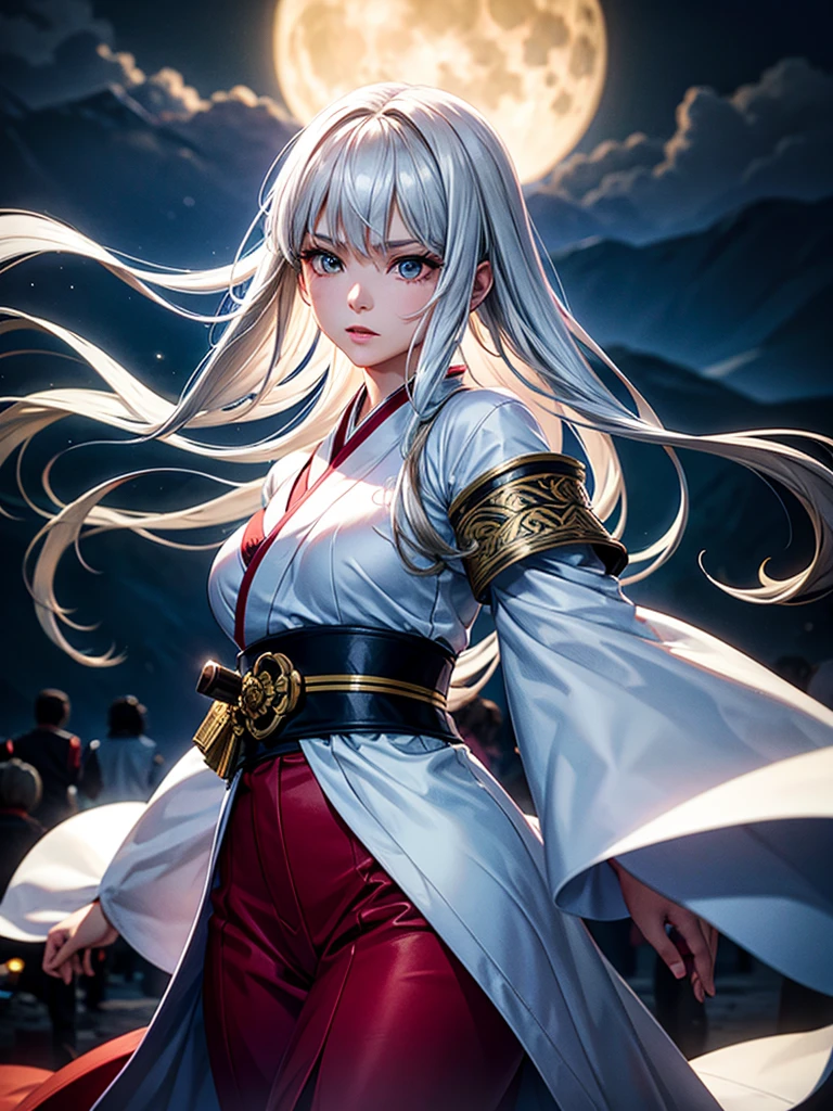 A beautiful young woman with silver hair and smooth long hair, wearing a stylish white and red kimono, standing in a beautiful full moon scenery, protected by god, surrounded by black wolves, ready for battle, (best quality,4k,8k,highres,masterpiece:1.2),ultra-detailed,(realistic,photorealistic,photo-realistic:1.37),HDR,UHD,studio lighting,ultra-fine painting,sharp focus,physically-based rendering,extreme detail description,professional,vivid colors,bokeh,portraits,battle scenes、Jumping