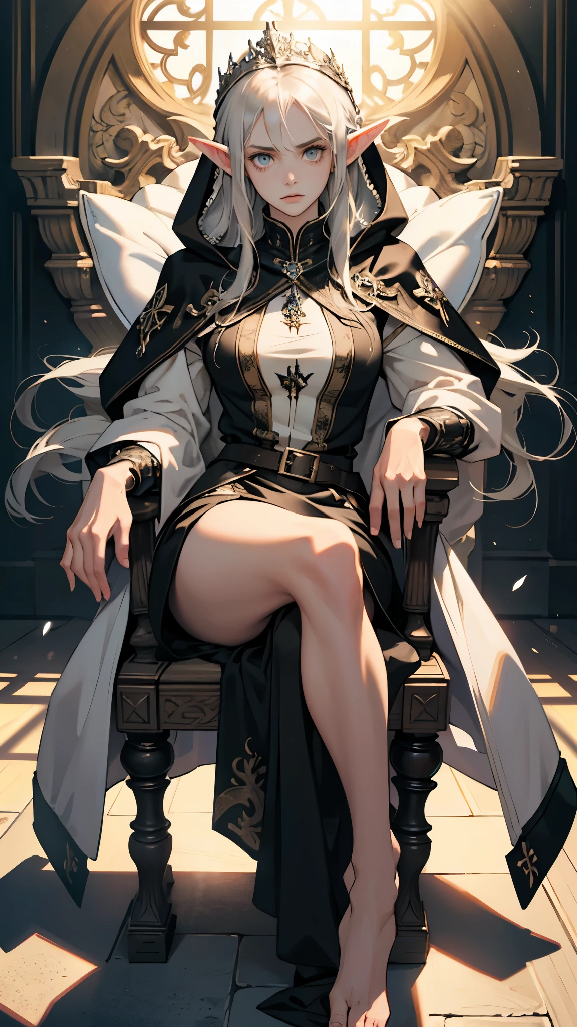 masterpiece, ultra detailed, 8K Portrait, Raw photo, a portrait photo of girl, Highly detailed face, beautiful and meticulous eyes, ((Fantasy)), (elf:1.0), 1woman, 30 year old, gray long hair, brown eyes, melancholy expression, tiara, skinny, (ultra thin black one-piece dress), hooded long white coat Fluttering in the wind, ((bare foots)), Midday Sun, Hyper realistic, in a medieval castle in the sky, sitting on the throne, Ambient lighting, Shadow details , strong breeze, Light fog