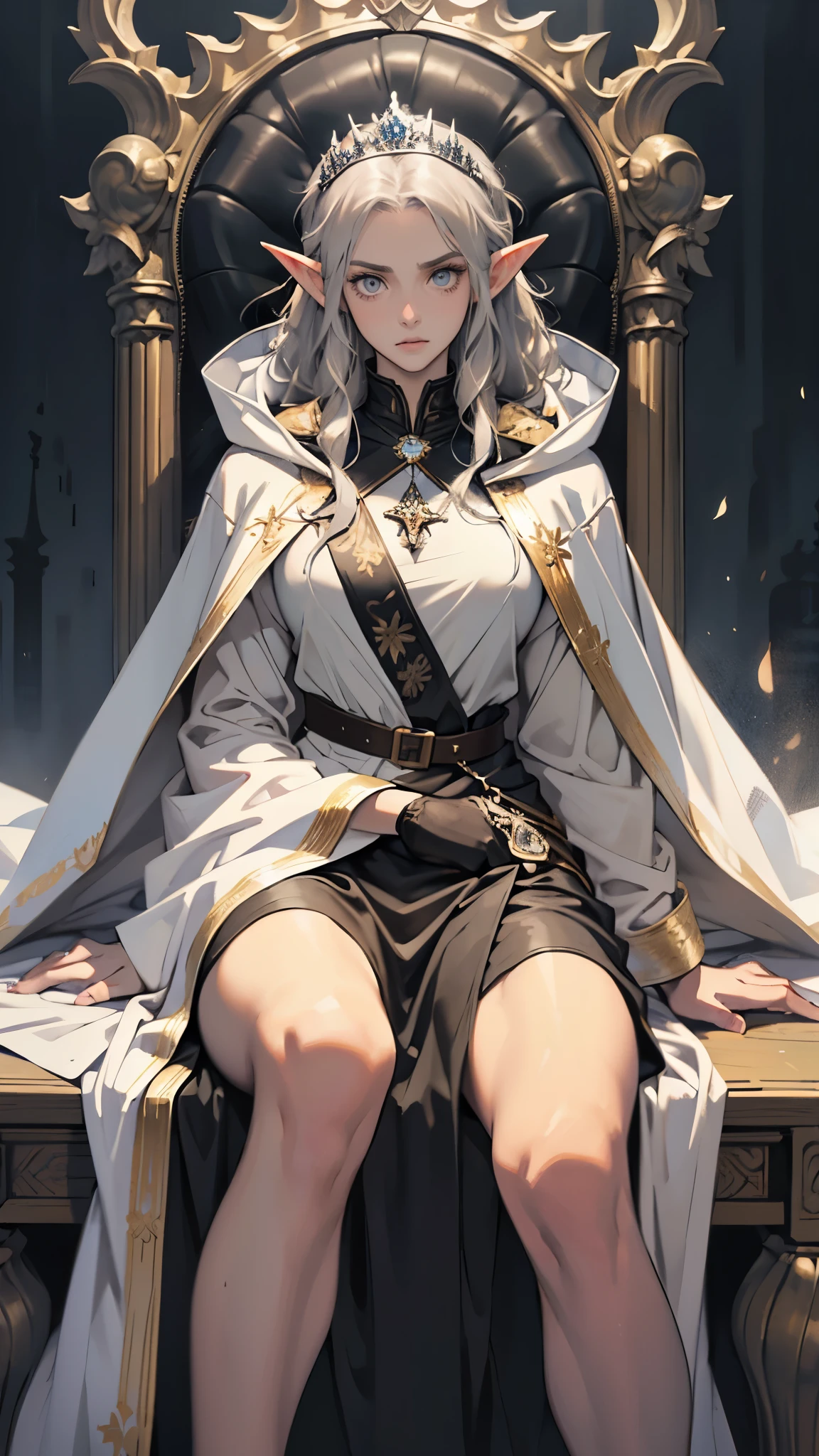masterpiece, ultra detailed, 8K Portrait, Raw photo, a portrait photo of girl, Highly detailed face, beautiful and meticulous eyes, ((Fantasy)), (elf:1.0), 1woman, 30 year old, gray long hair, brown eyes, melancholy expression, tiara, skinny, (ultra thin black one-piece dress), hooded long white coat Fluttering in the wind, ((bare foots)), Midday Sun, Hyper realistic, in a medieval castle in the sky, sitting on the throne, Ambient lighting, Shadow details , strong breeze, Light fog