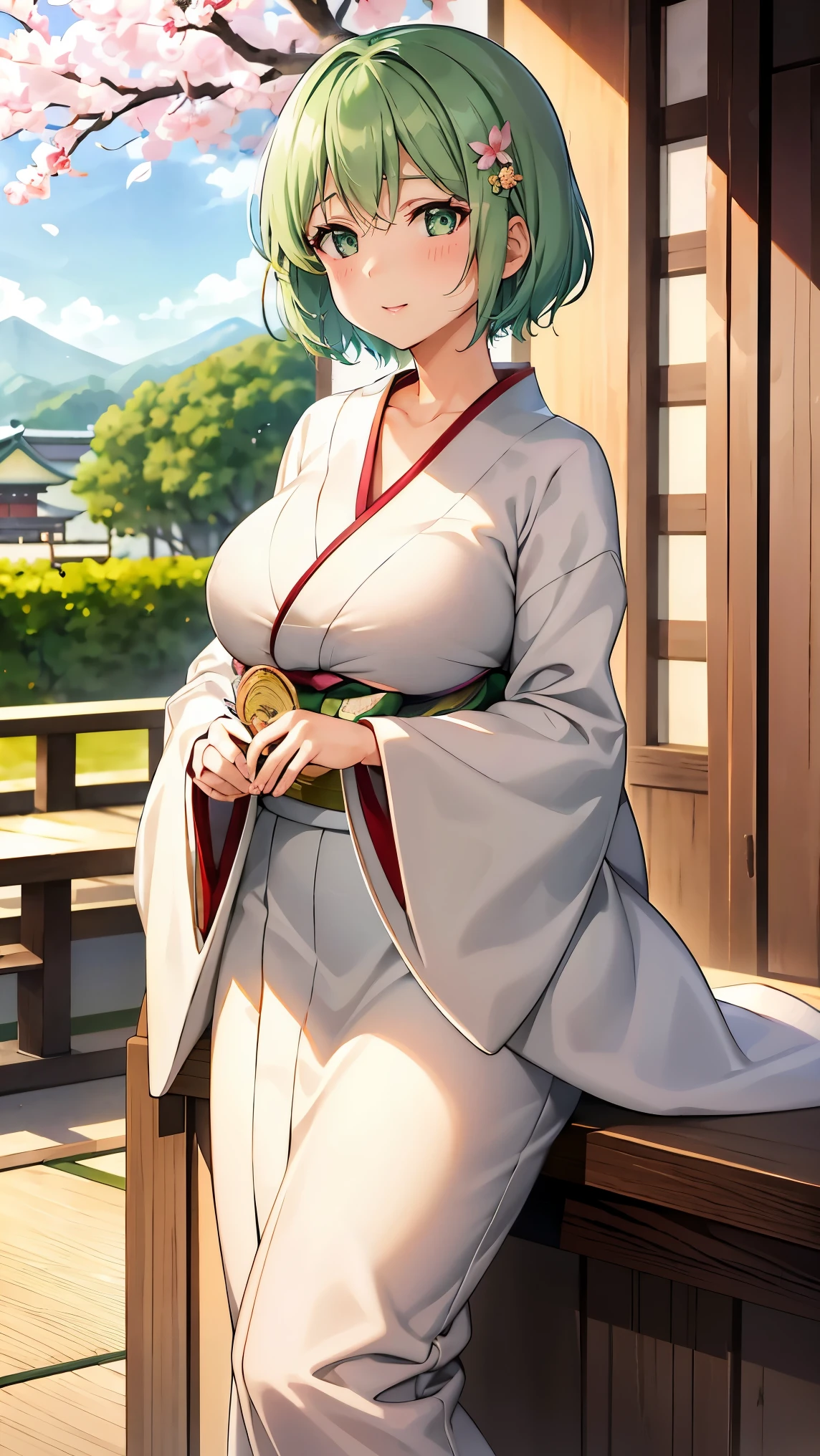 Girl with short green hair, Small breasts, Green Eyes, White Casual Wear Beauty Special、(((tits))),Full body photo from head to toe、Kimono、Patterned Japanese clothing、Cherry tree in full bloom、Fluttering petals、、Graceful Manners、Playing the shamisen、Playing in a Japanese-style room、play a sound、Japanese Instruments