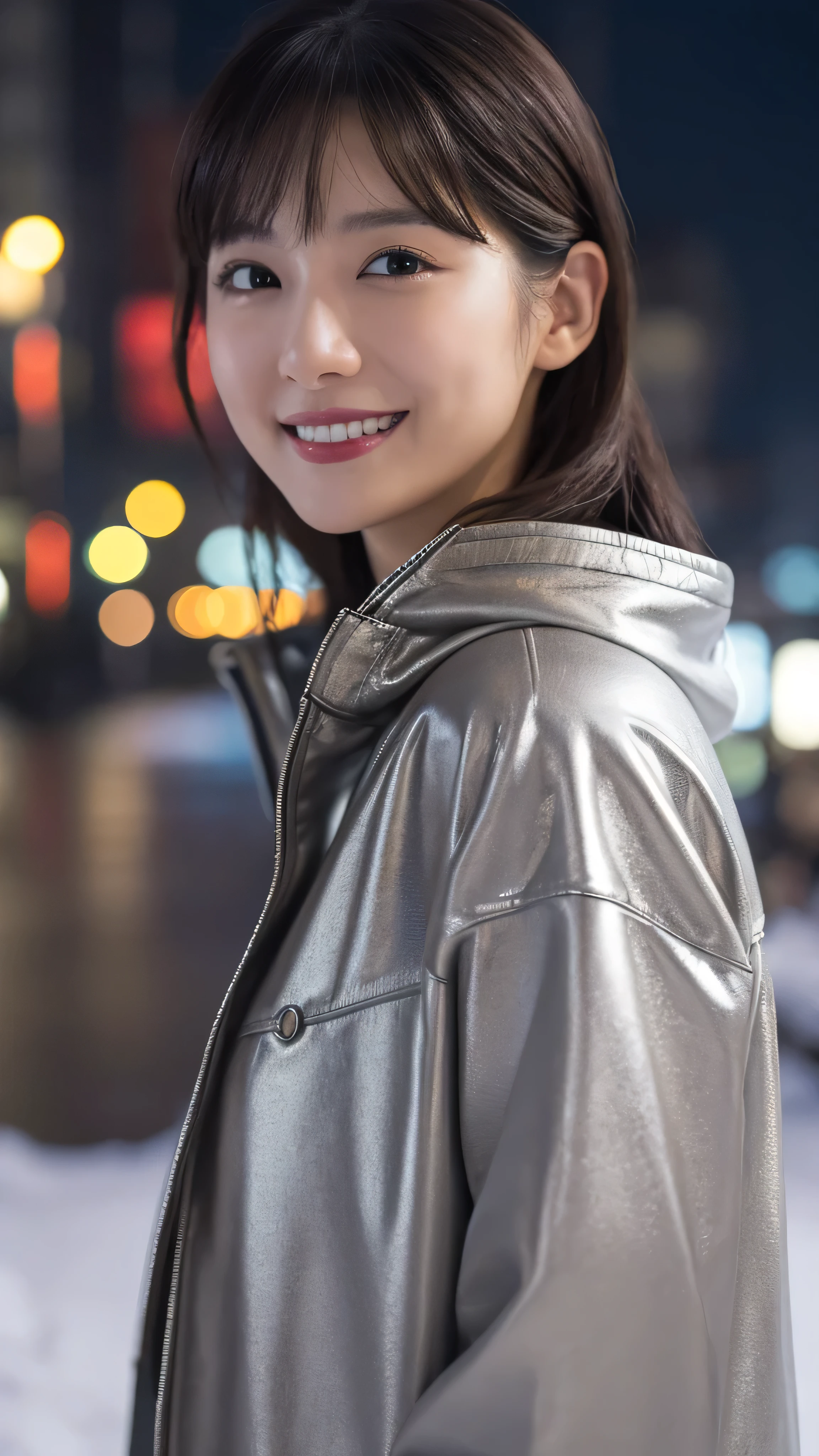 One Girl, (Wear a platinum coat:1.2), (RAW Photos, highest quality), (Realistic, Photorealistic:1.4), Tabletop, Very delicate and beautiful, Very detailed, 2k wallpaper, wonderful, In detail, Very detailed CG Unity 8k wallpaper, Very detailedな, High resolution, Soft Light, Beautiful detailed girl, Very detailedな目と顔, Beautifully detailed nose, Beautiful fine details, Cinema Lighting, Illuminations that light up the city on a snowy night, Snow Scene, It&#39;s snowing, Snow in the hair, Perfect ???????, Slender body, Was nervous, 
Straight semi-long hair, bangs, View your viewers, smile
