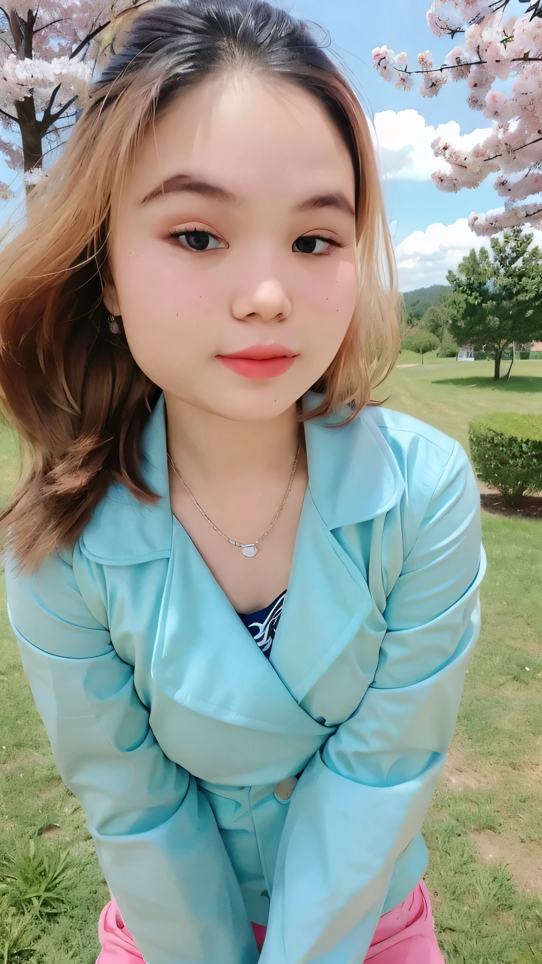 (super highest quality:1.3) (very realistic, Photoreal:1.3), (sharp focus:1.3), (Realistic and very high quality:1.3). (high resolution/High resolution:1.3), very delicate and beautiful, soft light, (brown hair, Shoulder-length straight bob hair sways in the wind), beautiful detailed girl, highly detailed eyes and face, beautifully detailed nose, thin and beautiful eyes, 1 girl, Pure beauty, cute, young, (smaller and flat chest), realistic face, realistic body, beautiful thigh, open jacket only, shorts jeans, cherry blossom background