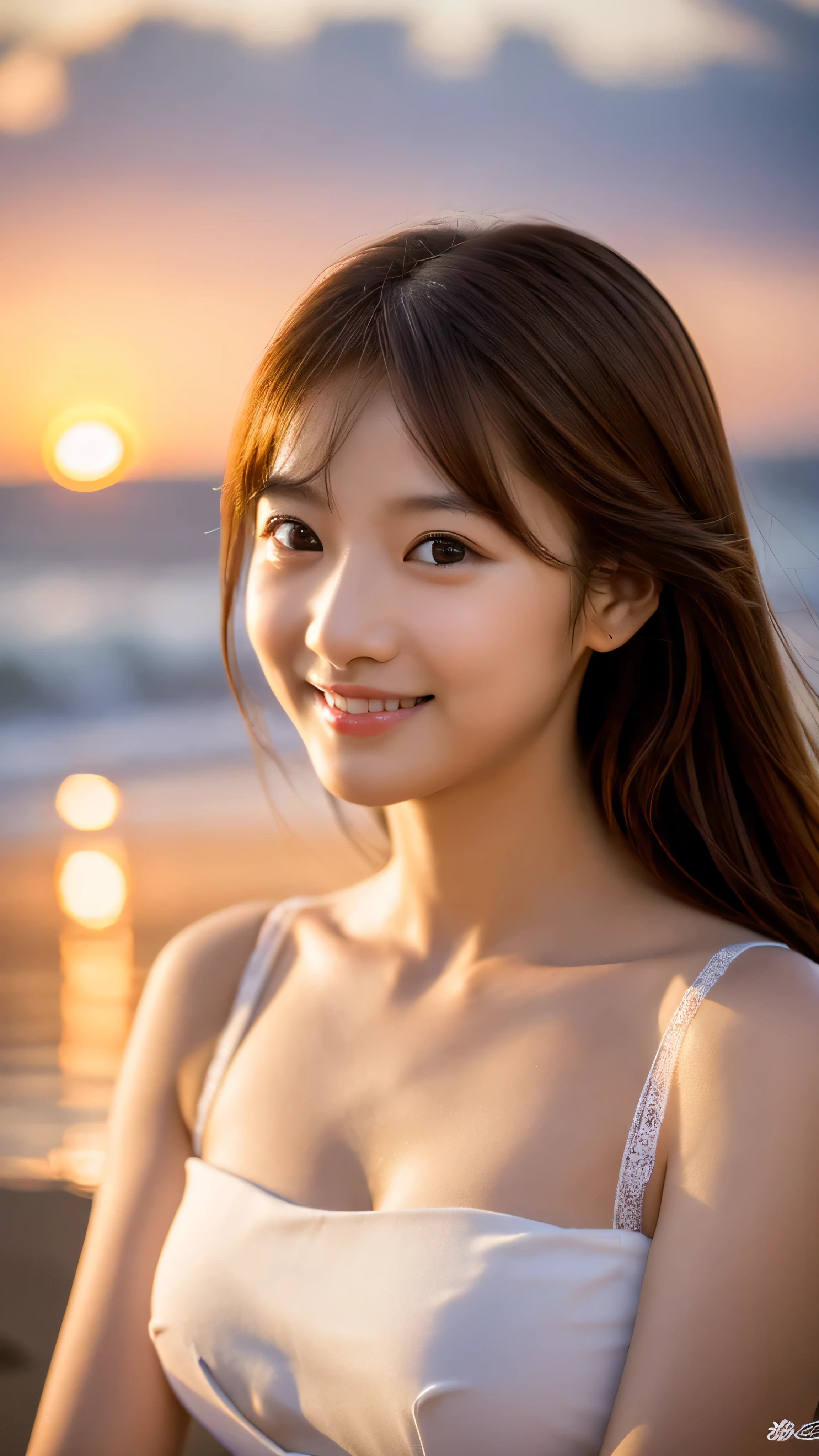 Photorealistic, (Generate images using yayoi_Mixed Model) ,Photorealistic, highest quality, (Tabletop:1.3), (8k, Realistic, RAW Photos, highest quality: 1.4), Korean, (One Girl), Beautiful Face, (Realistic face), (Light brown hair), Beautiful hairstyle, Realistic eyes, Beautiful fine details, (Realistic skin), Beautiful Skin, Charm, High resolution, Super realistic, Very detailedな, Golden Ratio, (Sony Alpha 1, 50.1 megapixel full-frame CMOS sensor), (telescope lens), (Realistic), (High resolution, highest quality, Tabletop:1.2), Very detailedな, Beautifully detailed face, Complete Anatomy, (Beautiful fine details:1.3), Very delicate and beautiful, Very detailed, Unity, 8k Wallpaper, wonderful, In detail, Very detailedな, High resolution, Very detailed, Very detailedな目と顔, ((random attire for summer season:1.1)), [ponytail], (Big Breasts, Cleavage:1.1), (Sunset Beach), looking at the camera, (smile like a virgin:1.2)