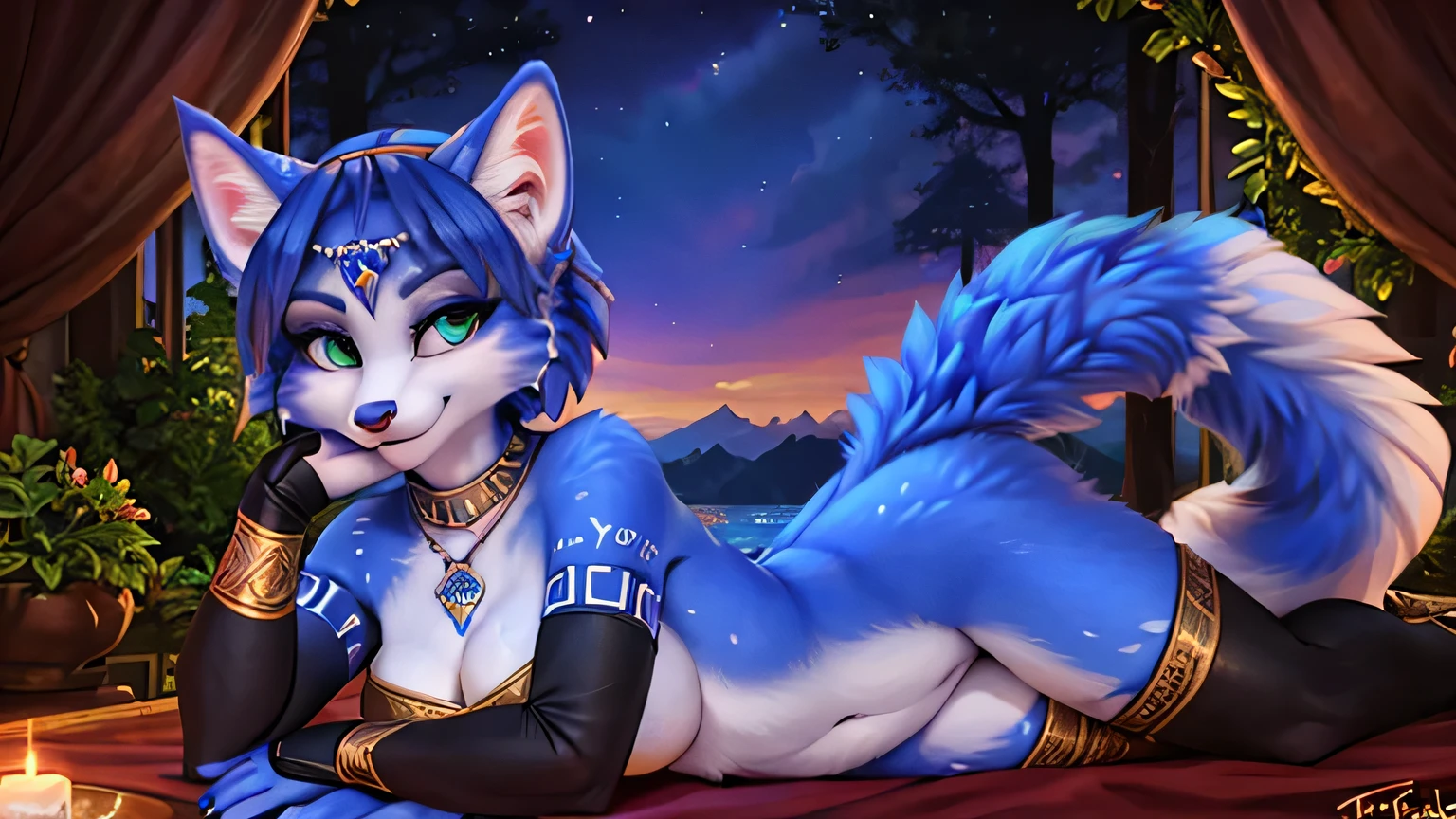 A beautiful and detailed (sweet full body portrait) von ((Krystal)), Sternenfuchs Krystal, Schlank, liebenswert, green eyes, medium breasts, (((Lange blaue Haare 1.3))), ((schwarze haarspitzen)), Dekollete, Grinsen, hoch schauen,, anthro, Pelzig, Hochgeladen E621, detailed flauschige fur, (von Fluff-Kevlar, Bayard Wu, Personalami, Pino Daeni), detailliertes Gesicht, (flauschige), 1 girl, Allein, sweet girl, solo, liegend, (((schlafanzug tragend 1.3)))