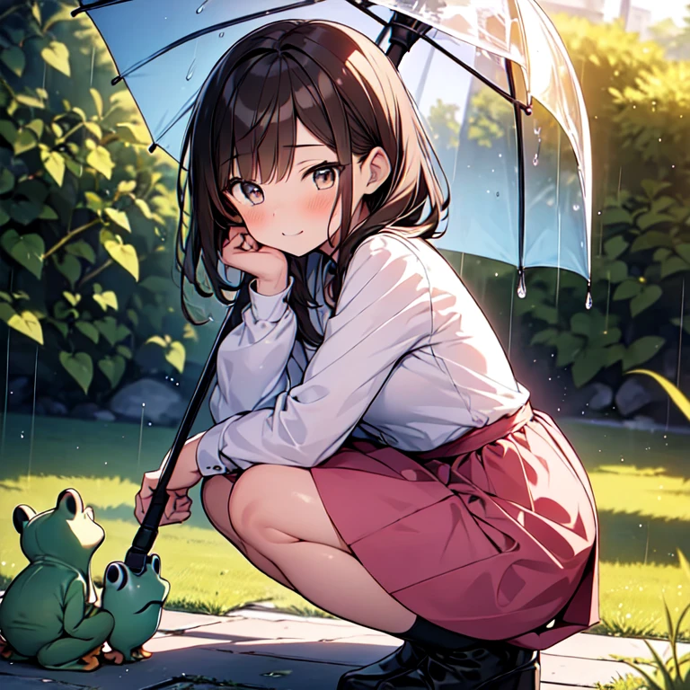 highest quality, masterpiece, Ultra-high resolution, 8k,
Rainy Sky,garden,(((Girl 1,Little frog 1))),Morning glories grow to waist height,(There is a small frog on a morning glory leaf),((A girl is squatting under an umbrella,Staring at a small frog)),Wicked Smile,Happy,Sparkling eyes,Focus on the girl,
Show anime style ,  Soft Line Art, Digital Enhancement, shojo anime touch, shojo manga core, Flowing fabric, close, Soft Drawing, Ultra High Definition Digital Anime Art, Clear facial depiction, Super detailed 女の子 cartoon character art, Ultra-detailed manga style, highest qualityの色,
 (Short brown hair), Wet Hair,Beautiful brown hair, Clear brown eyes, A little thick,Small breasts,Small Ass