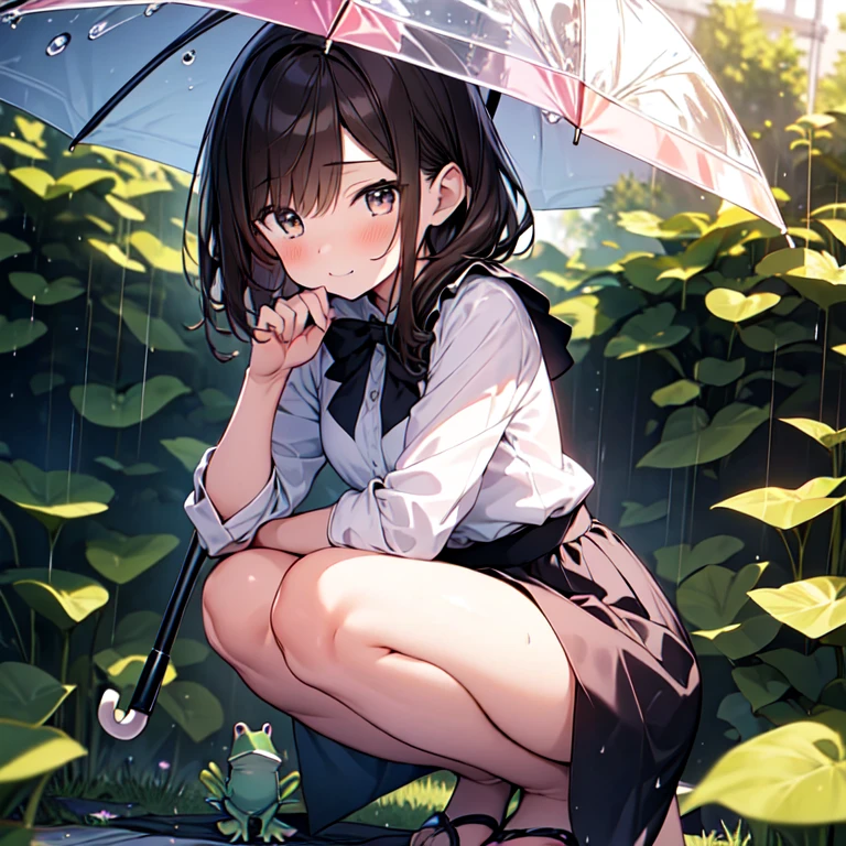 highest quality, masterpiece, Ultra-high resolution, 8k,
Rainy Sky,garden,(((Girl 1,Little frog 1))),Morning glories grow to waist height,(There is a small frog on a morning glory leaf),((A girl is squatting under an umbrella,Staring at a small frog)),Wicked Smile,Happy,Sparkling eyes,Focus on the girl,
Show anime style ,  Soft Line Art, Digital Enhancement, shojo anime touch, shojo manga core, Flowing fabric, close, Soft Drawing, Ultra High Definition Digital Anime Art, Clear facial depiction, Super detailed *** cartoon character art, Ultra-detailed manga style, highest qualityの色,
 (Short brown hair), Wet Hair,Beautiful brown hair, Clear brown eyes, A little thick,Small breasts,Small Ass