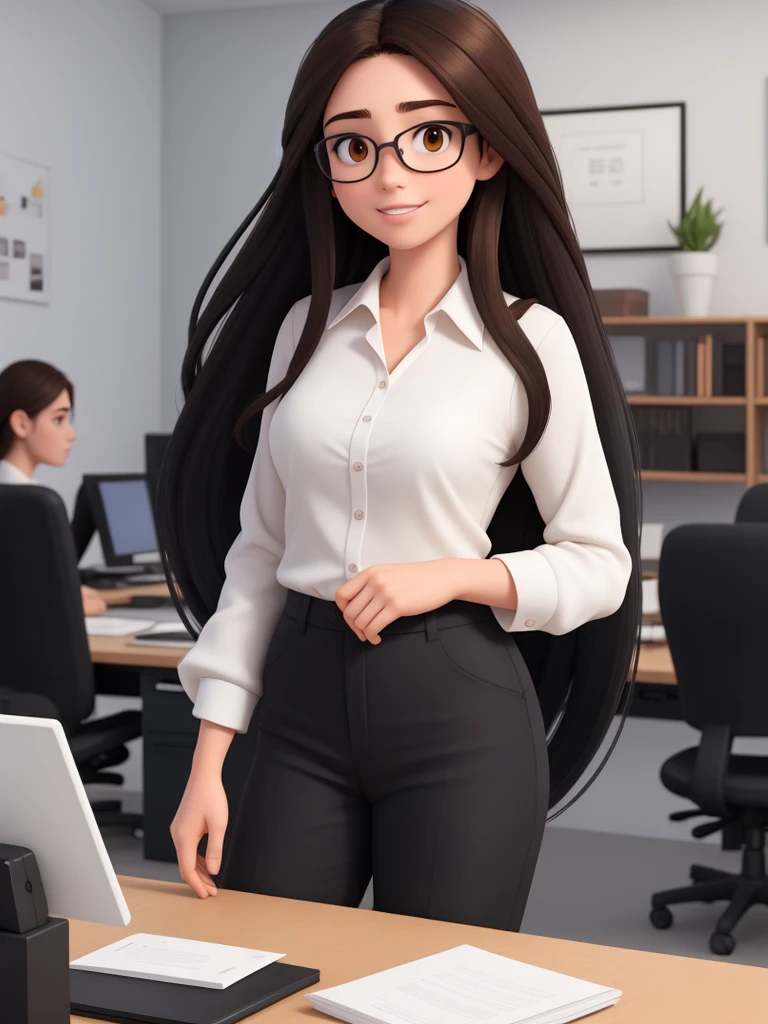 A 28-year-old woman, long black hair, Round Face, Smile, and black eyes, wear glasses.Wearing a white shirt,Standing at the desk。