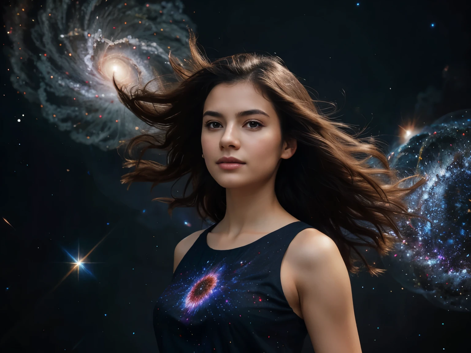 (best quality, masterpiece), 1girl, pose, particle, wind, flower, upper body, simple background, looking at viewer, black wildly hair, cosmic, nebulas, galaxy
