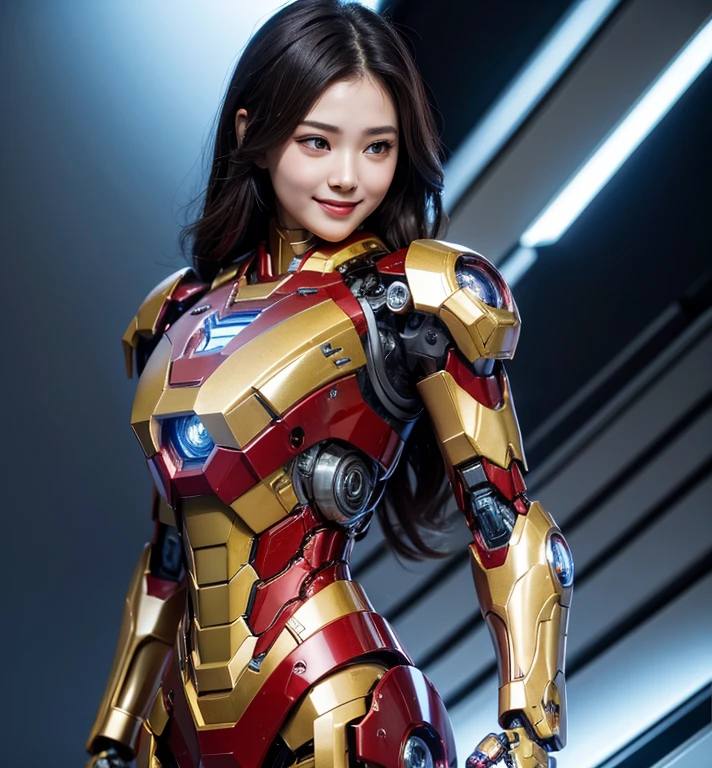 Textured skin, Super Detail, high details, High quality, Best Quality, hight resolution, 1080p, hard disk, Beautiful,(Iron Girl),Beautiful Smile,beautiful cyborg woman,Mecha Cyborg Girl,Battle Mode,Girl with a Mecha Body,She wears an Iron Man mech,A powerful cyborg woman, sleek and futuristic, with advanced mechanical augmentations that enhance her strength and capabilities