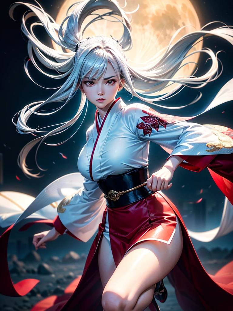 A beautiful young woman with silver hair and smooth long hair, wearing a stylish white and red kimono, standing in a beautiful full moon scenery, protected by god, surrounded by black wolves, ready for battle, (best quality,4k,8k,highres,masterpiece:1.2),ultra-detailed,(realistic,photorealistic,photo-realistic:1.37),HDR,UHD,studio lighting,ultra-fine painting,sharp focus,physically-based rendering,extreme detail description,professional,vivid colors,bokeh,portraits,battle scenes、Jumping、Jump from building to building