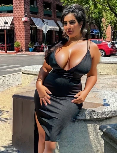 A beautiful young woman, curvy figure, tan skin, wearing black a low-cut, ultra short V-neck dress, cleavage, legs and thighs exposed, natural saggy breasts, intricate details, photorealistic, highly detailed, 8k, best quality, masterpiece