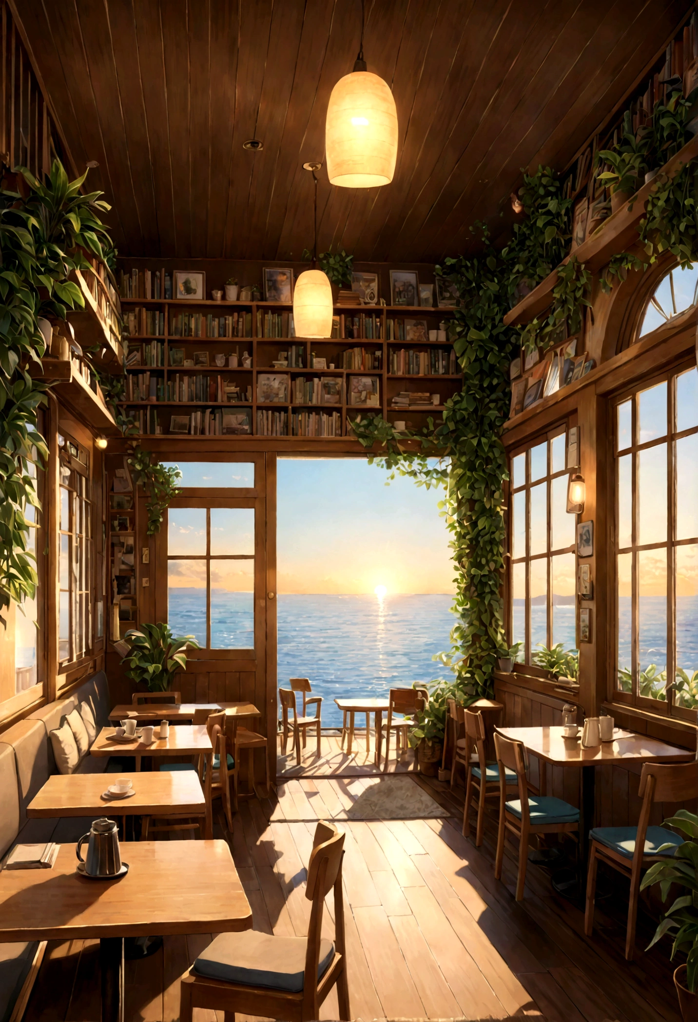 ((only background)), ((photo realistic:1.4,illustration)),(masterpiece, top quality, best quality),(ultra-detailed, absolutely resolution),((16k, high res)).(reflect), (produces images with information than 40 million pixels with cinematic-like detailed textures shot on a Sony SLR).
BREAK { cozy lofi café facing the sea, viewed from the ocean side. The café should have a warm, inviting atmosphere with dim lighting, wooden furniture, and vintage decorations. Comfortable seating areas with cushions, plants in pots, and shelves filled with books and records should be visible. Surround the café with lush greenery. The sea in front should be crystal clear, shallow, and calm, with smooth, rounded stones visible beneath the water. Large windows in the café should offer a stunning view of the transparent ocean, with the sun setting on the horizon, casting a golden glow over the scene. The overall vibe should be relaxed and calming, perfect for studying or unwinding.}
BREAK {(((cinematic look))), soothing tones, insane details, intricate details, hyperdetailed, low contrast, exposure blend, hdr, beautiful blue image, (hi-contrast), Sony SLR.}