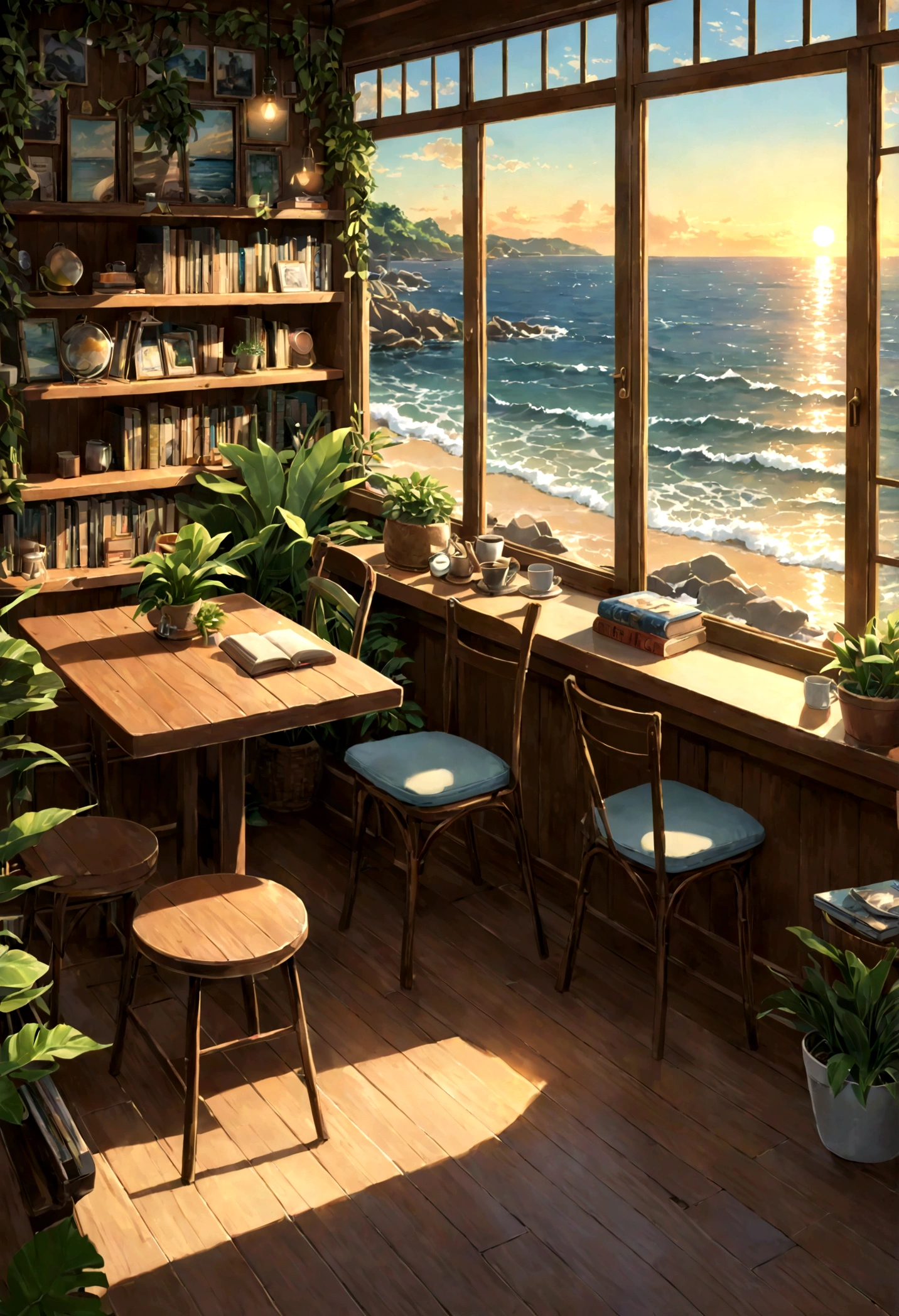 ((only background)), ((photo realistic:1.4,illustration)),(masterpiece, top quality, best quality),(ultra-detailed, absolutely resolution),((16k, high res)).(reflect), (produces images with information than 40 million pixels with cinematic-like detailed textures shot on a Sony SLR).
BREAK { cozy lofi café facing the sea, viewed from the ocean side. The café should have a warm, inviting atmosphere with dim lighting, wooden furniture, and vintage decorations. Comfortable seating areas with cushions, plants in pots, and shelves filled with books and records should be visible. Surround the café with lush greenery. The sea in front should be crystal clear, shallow, and calm, with smooth, rounded stones visible beneath the water. Large windows in the café should offer a stunning view of the transparent ocean, with the sun setting on the horizon, casting a golden glow over the scene. The overall vibe should be relaxed and calming, perfect for studying or unwinding.}
BREAK {(((cinematic look))), soothing tones, insane details, intricate details, hyperdetailed, low contrast, exposure blend, hdr, beautiful blue image, (hi-contrast), Sony SLR.}