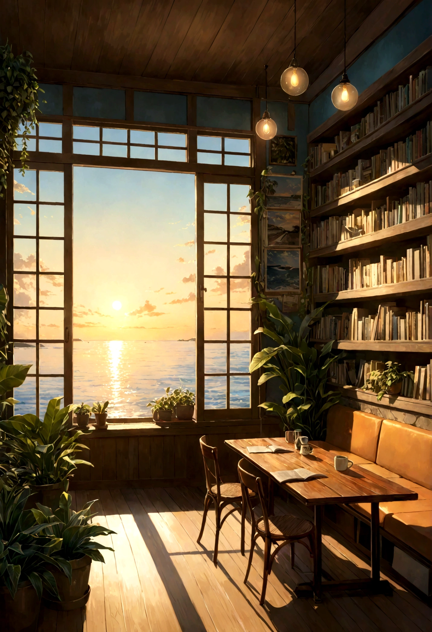 ((only background)), ((photo realistic:1.4,illustration)),(masterpiece, top quality, best quality),(ultra-detailed, absolutely resolution),((16k, high res)).(reflect), (produces images with information than 40 million pixels with cinematic-like detailed textures shot on a Sony SLR).

BREAK { cozy lofi café facing the sea, viewed from the ocean side. The café should have a warm, inviting atmosphere with dim lighting, wooden furniture, and vintage decorations. Comfortable seating areas with cushions, plants in pots, and shelves filled with books and records should be visible. Surround the café with lush greenery. The sea in front should be crystal clear, shallow, and calm, with smooth, rounded stones visible beneath the water. Large windows in the café should offer a stunning view of the transparent ocean, with the sun setting on the horizon, casting a golden glow over the scene. The overall vibe should be relaxed and calming, perfect for studying or unwinding.}

BREAK {(((cinematic look))), soothing tones, insane details, intricate details, hyperdetailed, low contrast, exposure blend, hdr, beautiful blue image, (hi-contrast), Sony SLR.}

