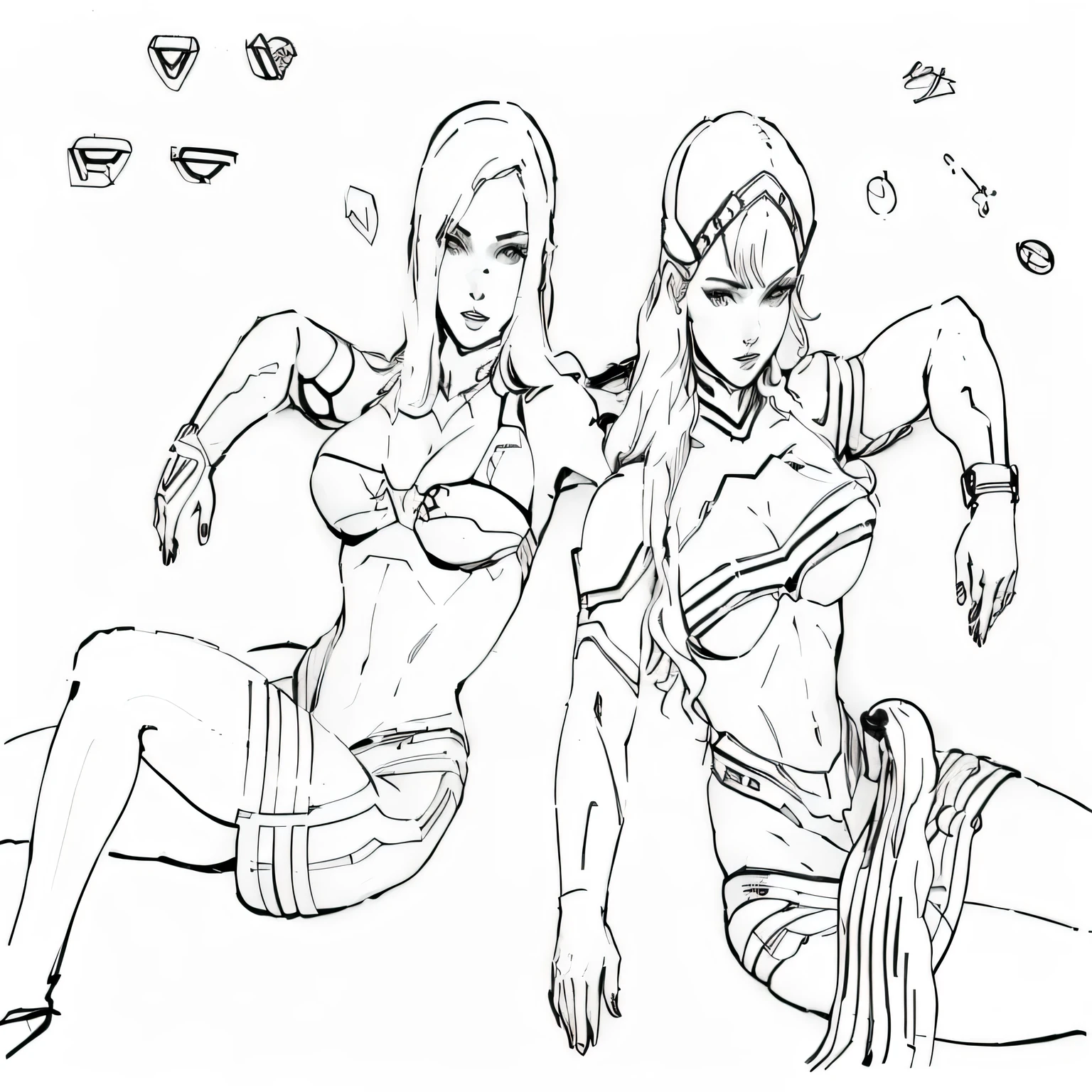 two women in bikinis are sitting on the beach, I flowed from Möbius out of the Aeon, bold arte linear, arte de linha intensa, inspirado em Rob Liefeld, various poses, perfect arte linear, beautiful sci - fi twins, arte linear, em poses de lutador, arte linear behance hd, in a mixed style of æon flow, twins, godesses, alta qualidade, super realista.