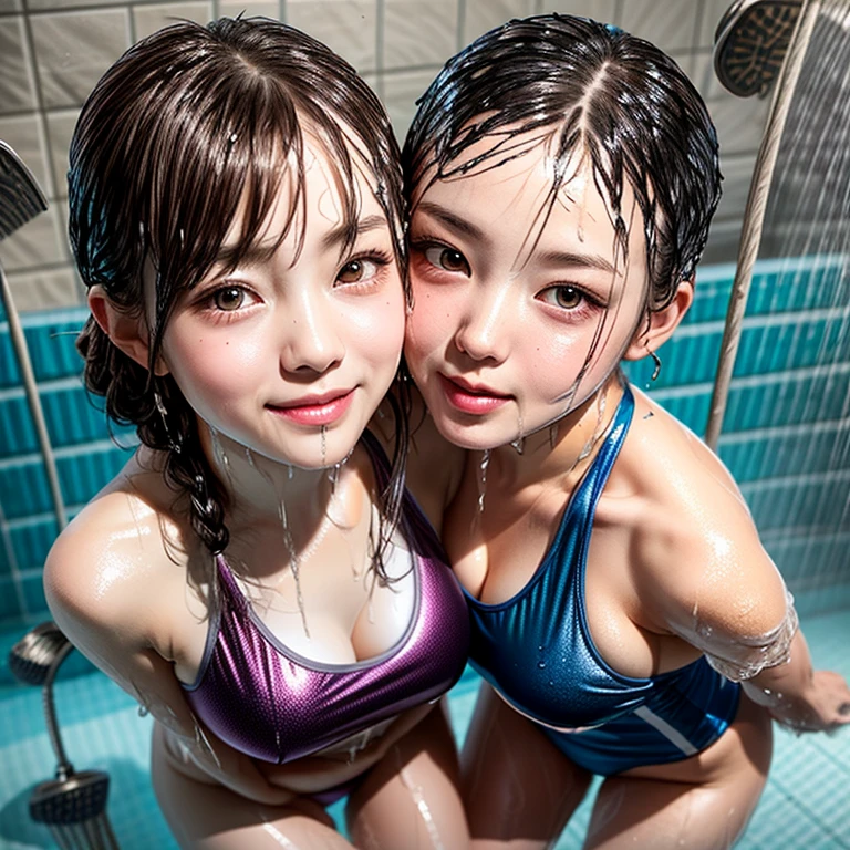 NSFW, (Snapshot of girls kissing face to face in an open shower room by the pool), Braid hair, With bangs, (School Swimwear), the body is covered with juice, White LiquidSoap, Sweating, be sweaty, Wet pearl skin, ((Wet swimsuit)), Perfect Lighting, Clear Focus, (bokeH:1.4), Roundly butts, { (Shower Water:1.6) | (Gigantic  Overflowing sideboob) | Butt cruck | (from above:1.4) }, hidden hands BREAK (NOGIZAKA girls)  ((Extremely Detailed very KAWAII face variations)), perfect anatomy, Childish, captivating gaze, elaborate detailed Eyes with (sparkling highlights:1.2), long eyelashes、Glossy RED Lips with beautiful details, Coquettish tongue, Rosy cheeks . { (Dynamic joyful expressions) | (:d) }, (no large eyes) . (close-up:1.28), Assfocus