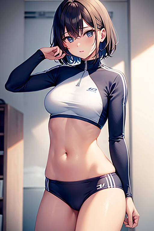 Track uniforms, Navel exposed, Beautiful woman,flat breasts, Areola, Shyness,Shyness,Short Hair,Thighs
