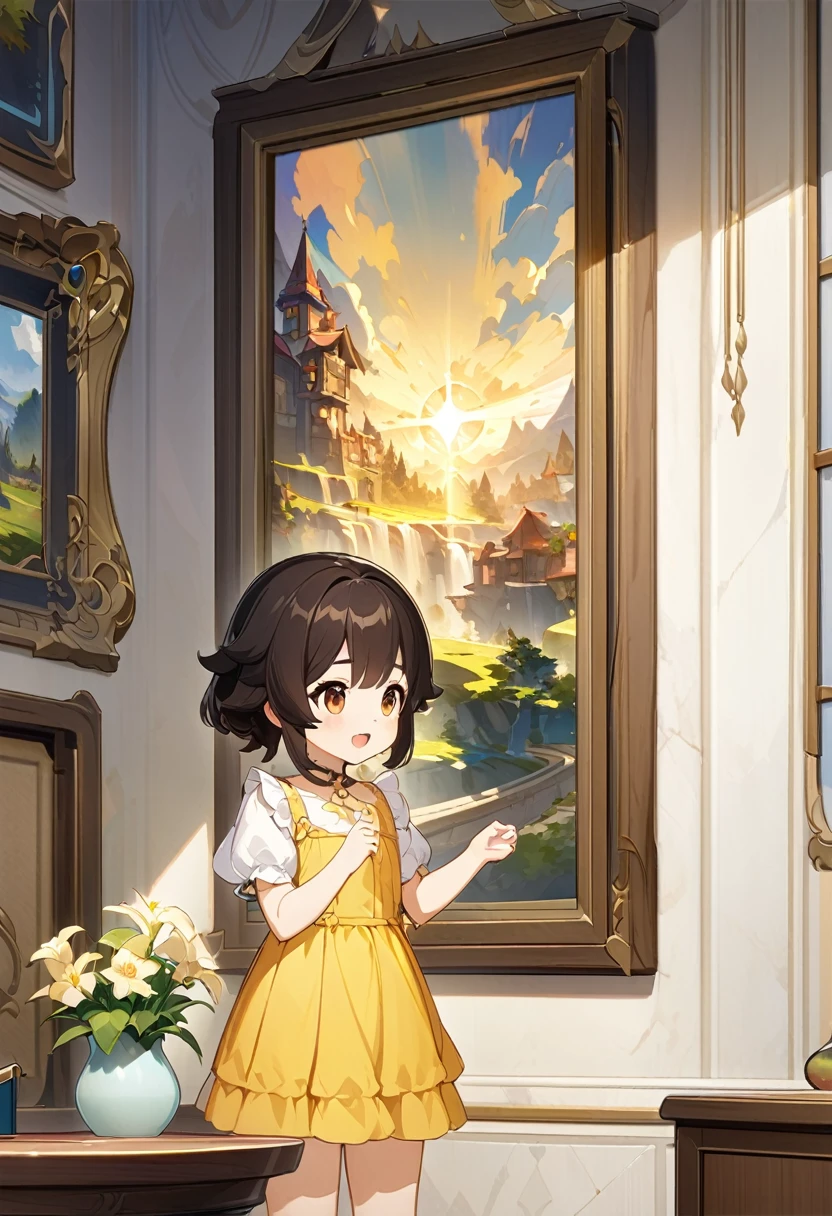 Genshin Impact Style, Little Wan , official Artwork, A painting hanging on the wall, Gorgeous wall, golden brilliance, CG, Art