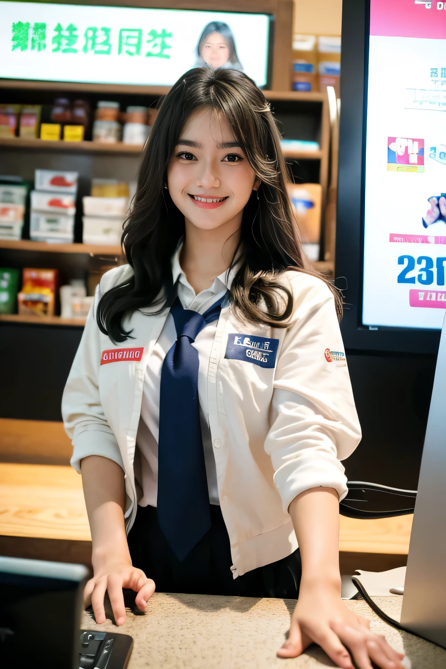 muste piece、High resolution、convenience store of the future、Convenience store clerk、26 year old female、１girl clerk、looking at the camera、smile、Finished as pictured、The cashier is also beautiful、Her skin is white and beautiful、long and beautiful hair、inner color、hair should be tied back、Clerk's uniform、