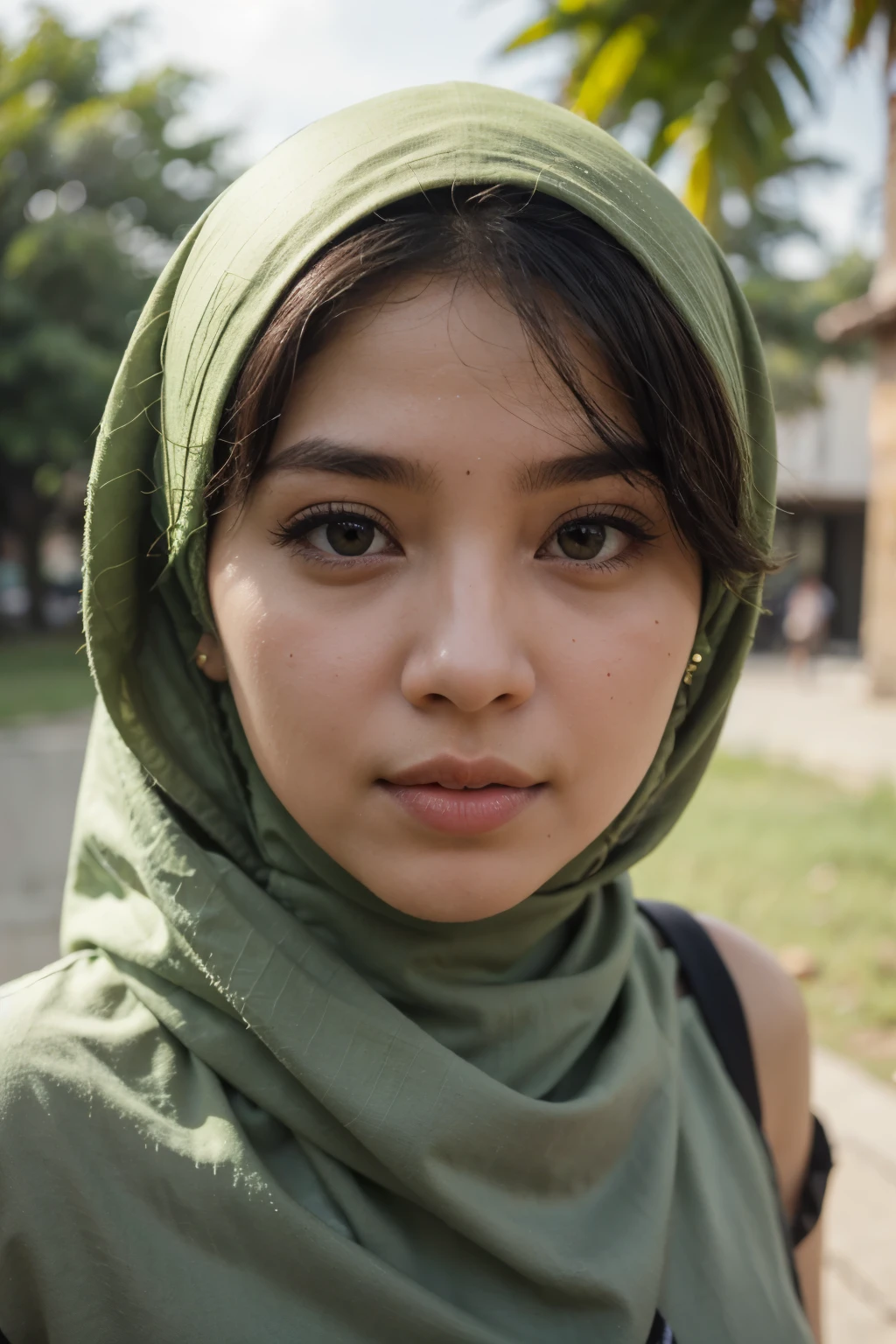 Perempuan. 39 tahun. Memakai hijab berwarna hijau daun. Kulit kuning langsat. muka bulat. pipi tembem. Alis tebal menyatu. Hidung bulat. Bibir tebal