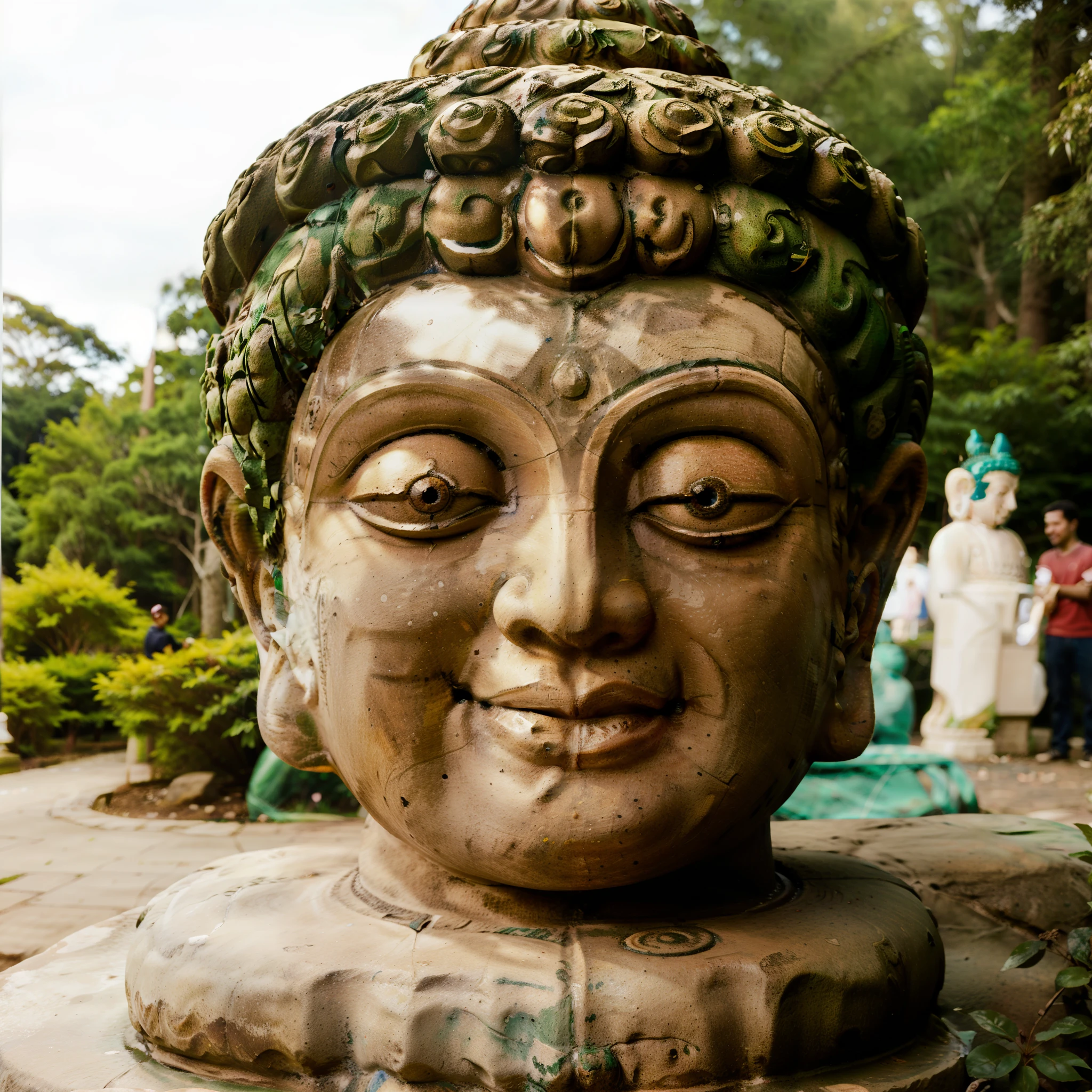 there is a statue of Buddha's head with a large smile on it, a marble sculpture by Joseph Werner, blurred foreground, forest landscape