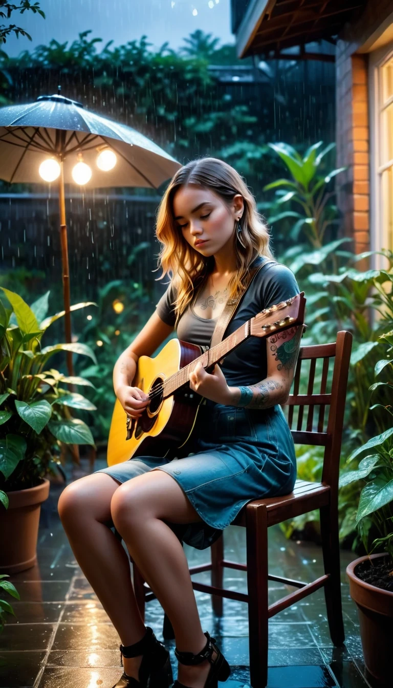 The Rule of Thirds,Rainy night garden,sit on the chair,Girl with tattoo,Play the guitar,photoPractical,Dramatic Lighting,RAW photos,4k,Clear focus,high resolution,8K uhd,high quality,Film Grain,Fuji XT3, elegant girl, Beautiful young woman, high quality, 8K, Practical, photoPractical, professional, Bright colors, Natural Lighting, Movie, fantasy, magic, Fantastic
