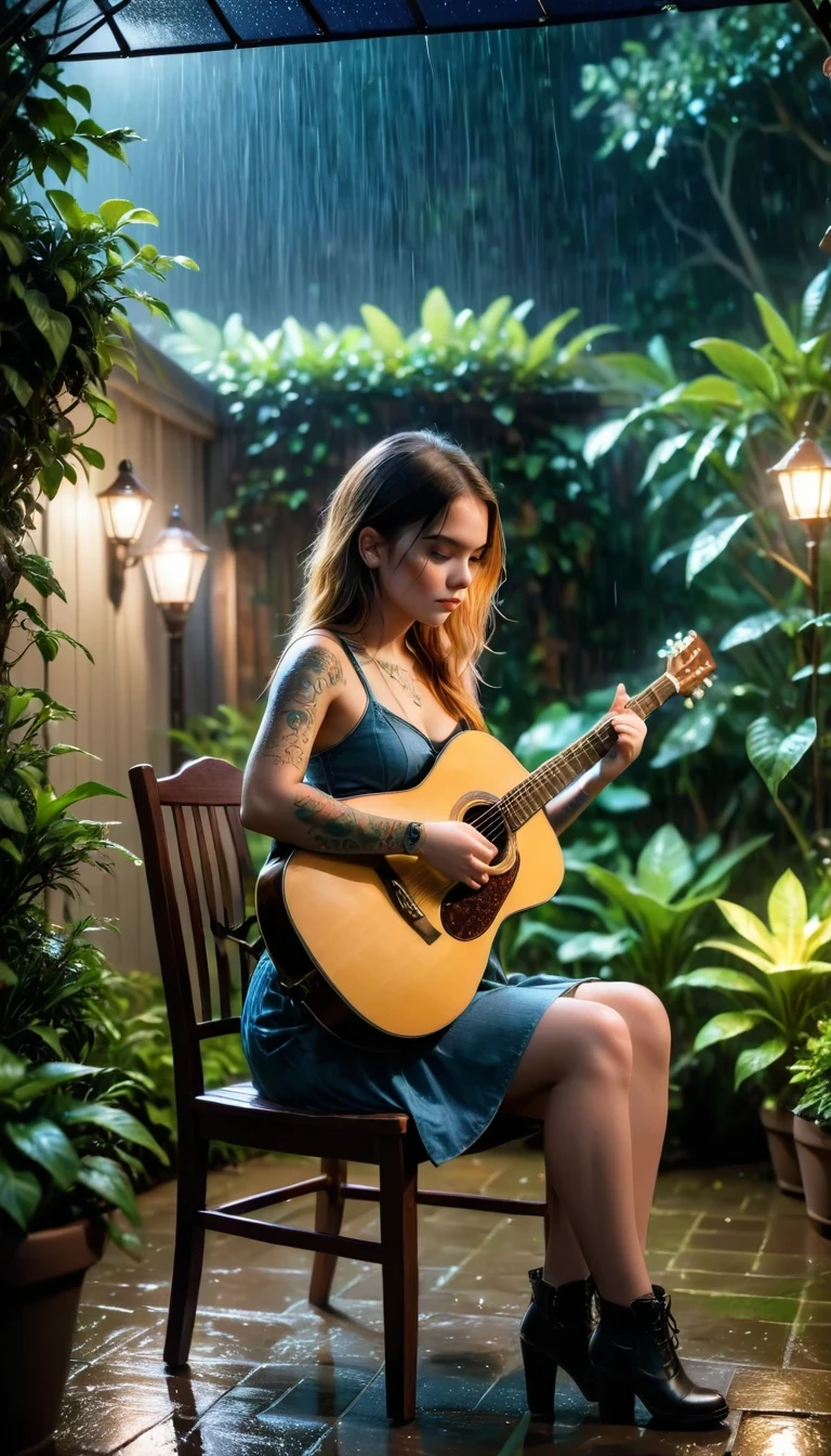 The Rule of Thirds,Rainy night garden,sit on the chair,Girl with tattoo,Play the guitar,photoPractical,Dramatic Lighting,RAW photos,4k,Clear focus,high resolution,8K uhd,high quality,Film Grain,Fuji XT3, elegant girl, Beautiful young woman, high quality, 8K, Practical, photoPractical, professional, Bright colors, Natural Lighting, Movie, fantasy, magic, Fantastic