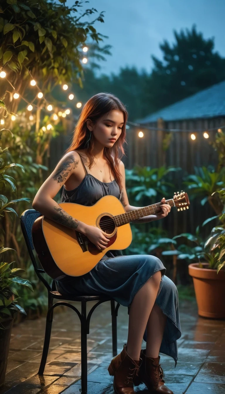 The Rule of Thirds,Rainy night garden,sit on the chair,Girl with tattoo,Play the guitar,photoPractical,Dramatic Lighting,RAW photos,4k,Clear focus,high resolution,8K uhd,high quality,Film Grain,Fuji XT3, elegant girl, Beautiful young woman, high quality, 8K, Practical, photoPractical, professional, Bright colors, Natural Lighting, Movie, fantasy, magic, Fantastic