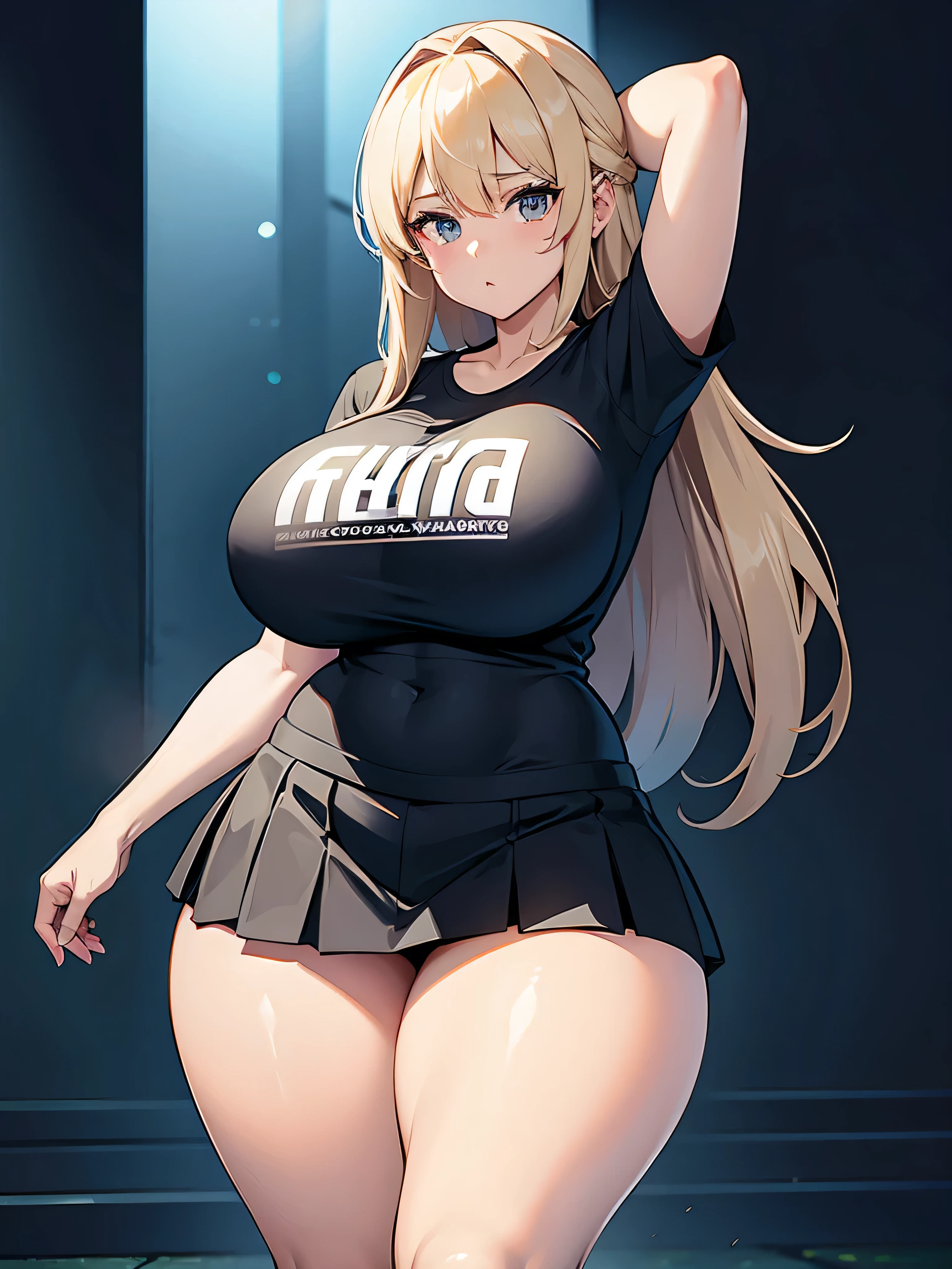 young girl, T-shirt, skirt, whole body to see, lächeld, erregt, standing, standing, long hair, (((colossal Thighs, gigantic thighs, very huge thighs, very big thighs))), sexy pose