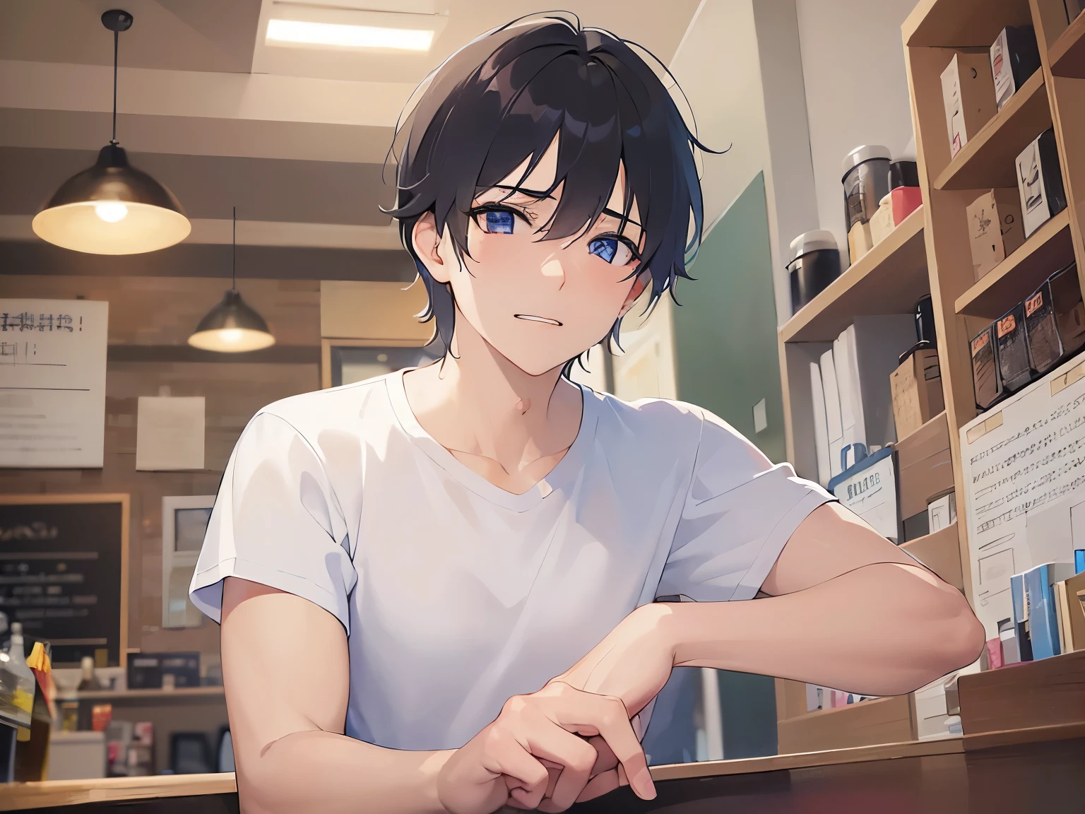 Detailed CG,Ultra-fine illustrations,masterpiece,highest quality,Upper body,shiny skin,BREAK(28-year-old male:1.5)and(Black Short Hair)and(blue eyes)BREAK,(White T-shirt:1.5)and(jeans),(Painful face:1.5),The background is the interior of a coffee shop.,alone