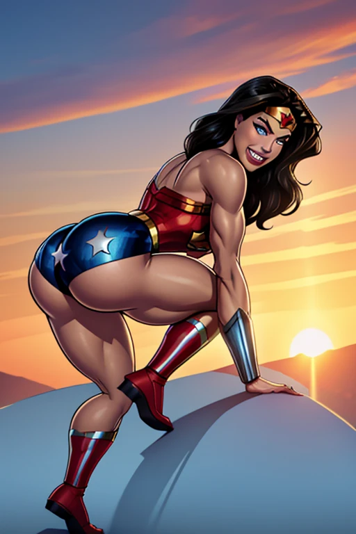 Realistic, Natural Beauty, Masterpiece, Back View Visible, Full Body View Visible, Hailee Steinfeld, Perfectly Accurate Face Proportion, Realistic Light Blue Eyes, Thick Eyebrows, Wonder Woman, Wonder Woman Tiara, Curve Wide Hips, Round Ass, Toned Thighs, Toned Arms, Grin On Her Face, In a slightly crouched position, the tight suit stretches over Wonder Woman's muscular form, accentuating the shape of her buttocks. Her stance, with one leg slightly forward, highlights the defined curves and the fit of her costume, emphasizing her readiness for action