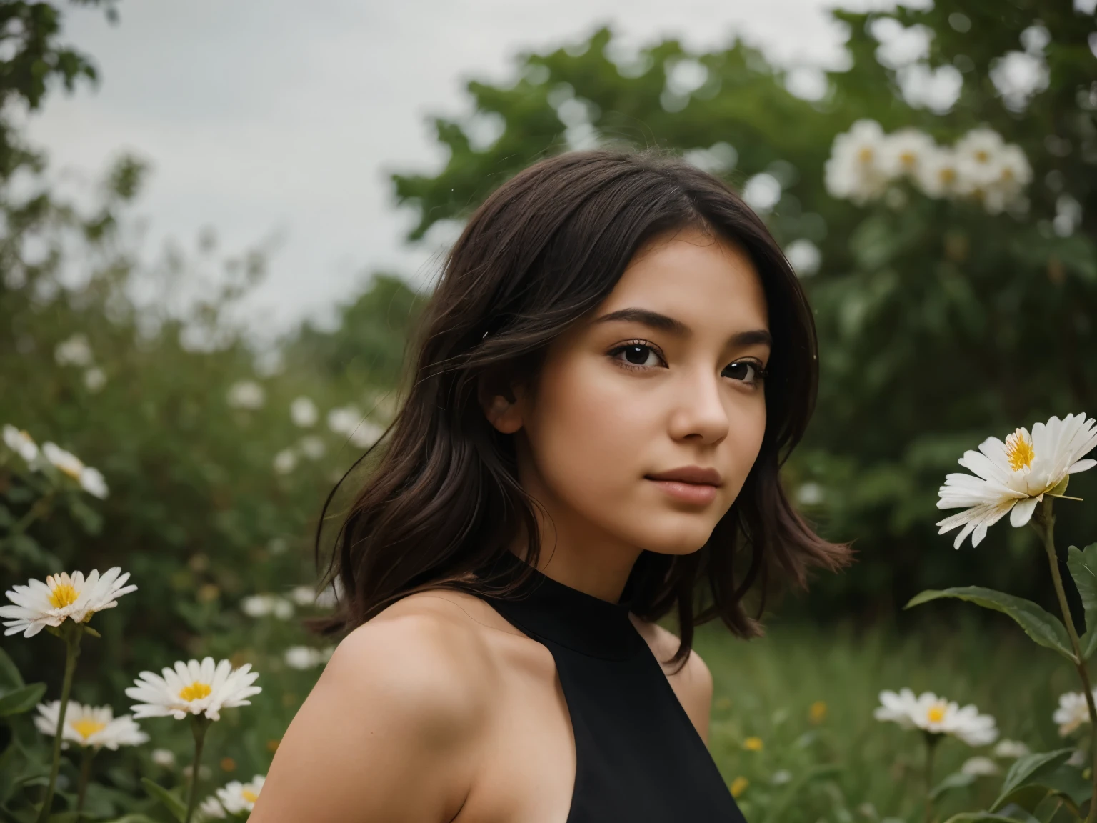 (best quality, masterpiece), 1girl, pose, particle, wind, flower, upper body, simple background, looking at viewer, black wildly hair,