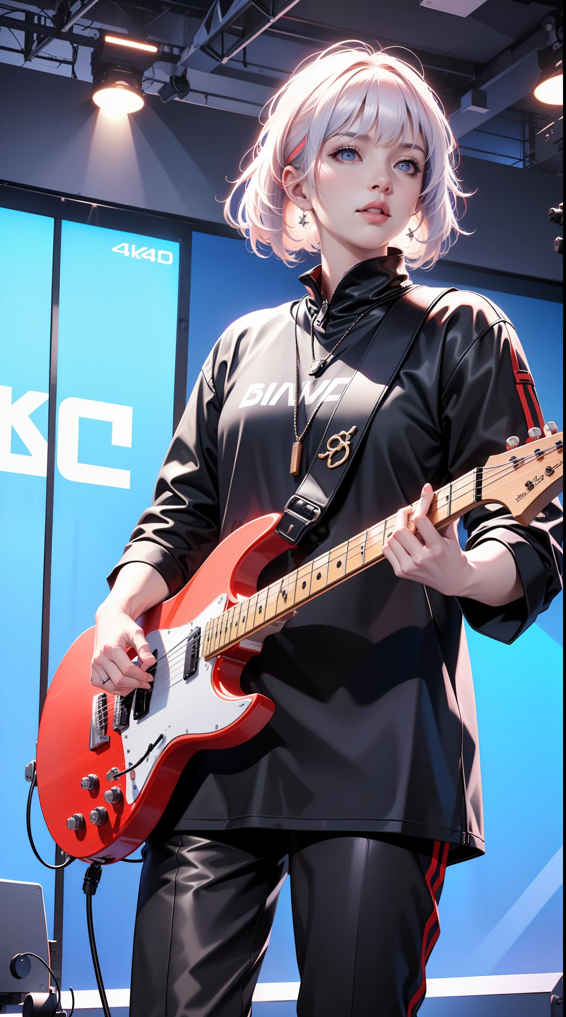 A guitarist rocking out on stage,rock music,power of music,stage lights,enthusiastic audience,heavy metal guitar,live performance,(best quality,4k,8k,highres,masterpiece:1.2),ultra-detailed,(realistic,photorealistic,photo-realistic:1.37),HDR,UHD,studio lighting,extreme detail description,professional,vivid colors