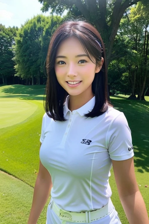 8K、High definition、Ultra Detail、Photorealistic、Realistic and accurate depiction、Realistic and accurate human anatomy、High resolution、highest quality、Beautiful Japanese woman in golf wear, Detailed body, Live Action、beautiful girl golfer、cute、clear、The ultimate beautiful girl、Perfect Body Shape、Beautiful breasts、、Perfect Skin、Charm、Active、Black Hair、Japanese female professional golfers、cuteゴルフウェア