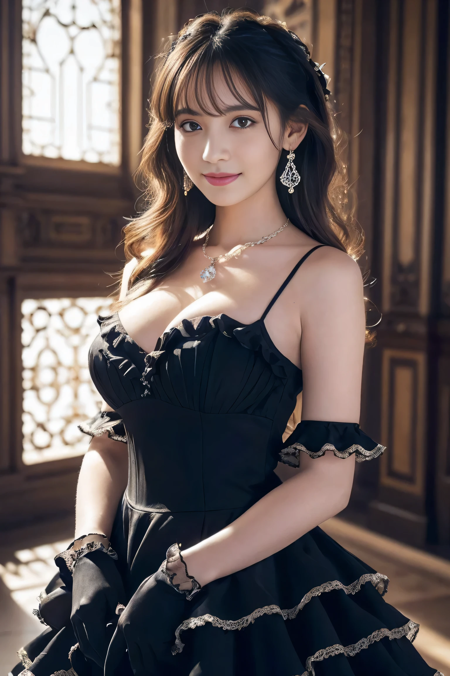Rococo architecture,Dynamic angle,((1girl, elegant black Frill dress, highest resolution)), (beautiful illustration),(semi long beautiful hair),(looking at the viewer),innocent smile,cinematic lighting,white over-kneehighs,Lace chalker, wristband, diamond necklace,wristband, white fingerless gloves, earrings,day,blue sky,Big Breasts,