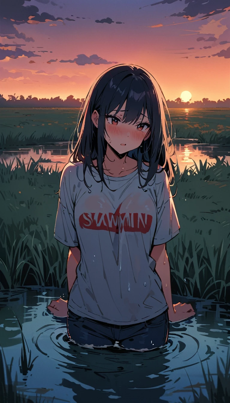 masterpiece, woman, blushed, flared jeans:1.4, soaking wet, ??????, ???????????, drowning in swamp, t-shirt, looks around, dusk