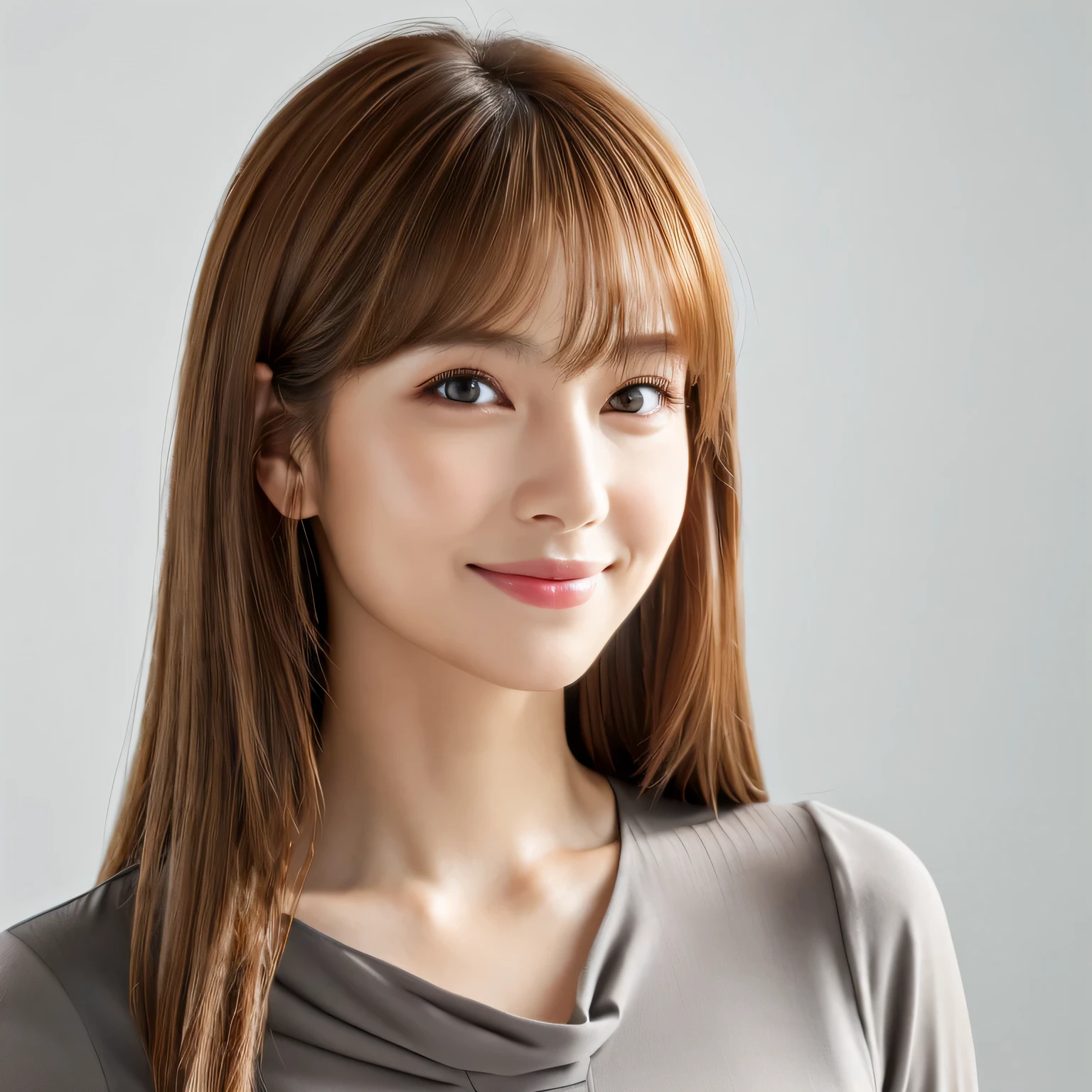 (((gray blouse))),((Mastepiece,Photorealistic)), (((8K,Best Quality: 1.5))), ((Super Detail: 1.5)) , (((upward glance))),Cute Woman,Beautiful woman,Japanese,Age 25,((White background)),Ultra-detailed facial features, smile, Detailed Texture, Natural Skin Shader, photograph,Ultra-high resolution,Beautiful Japanese women,(((best quality))),Realistic eyes,Brown eyes,Realistic Skin,Golden Ratio,((Brown Hair,Long Hair:1.3),Glowing, firm and radiant skin