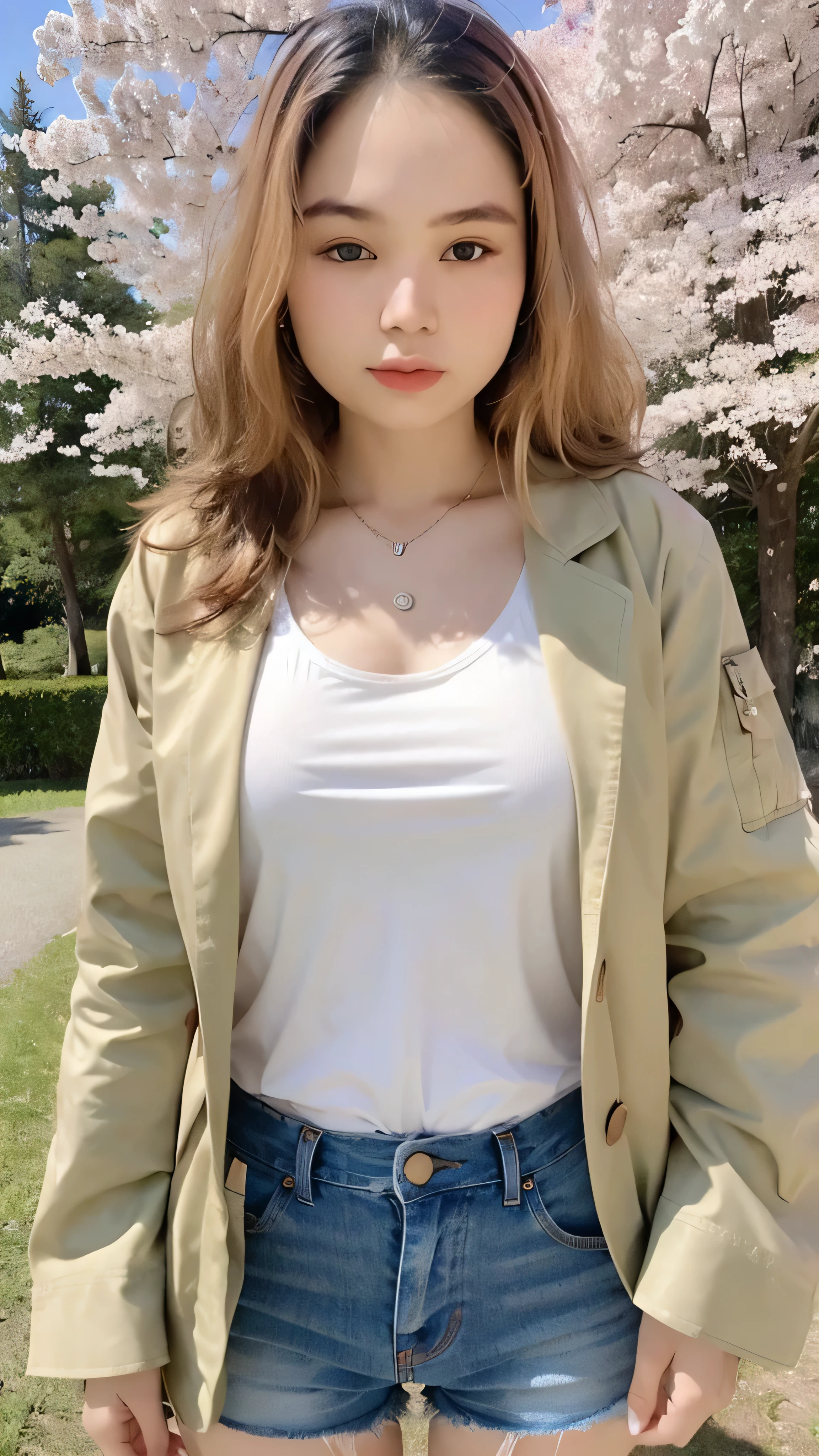 (super highest quality:1.3) (very realistic, Photoreal:1.3), (sharp focus:1.3), (Realistic and very high quality:1.3). (high resolution/High resolution:1.3), very delicate and beautiful, soft light, (brown hair, Shoulder-length straight bob hair sways in the wind), beautiful detailed girl, highly detailed eyes and face, beautifully detailed nose, thin and beautiful eyes, 1 girl, Pure beauty, cute, young, (smaller and flat chest), realistic face, realistic body, beautiful thigh, open jacket only, shorts jeans, cherry blossom background