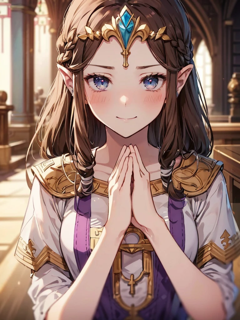 ((POV)),((((Adult expression)))),((((Beautiful Face)))),((((dress)))),((smile)),(((Long Hair)))),(()),(((()))),Princess Zelda, ((highest quality)),,(Very detailed) ,((ウェディングdress)),((Put your arms behind your back)),Brown Hair,((Embarrassed look)),Blushing, ((highest quality)), (Very detailed),(()),(((pray))),Nintendo, The Legend of Zelda),crying face,Blushing,((alone)), ((highest quality)), (Very detailed), ,