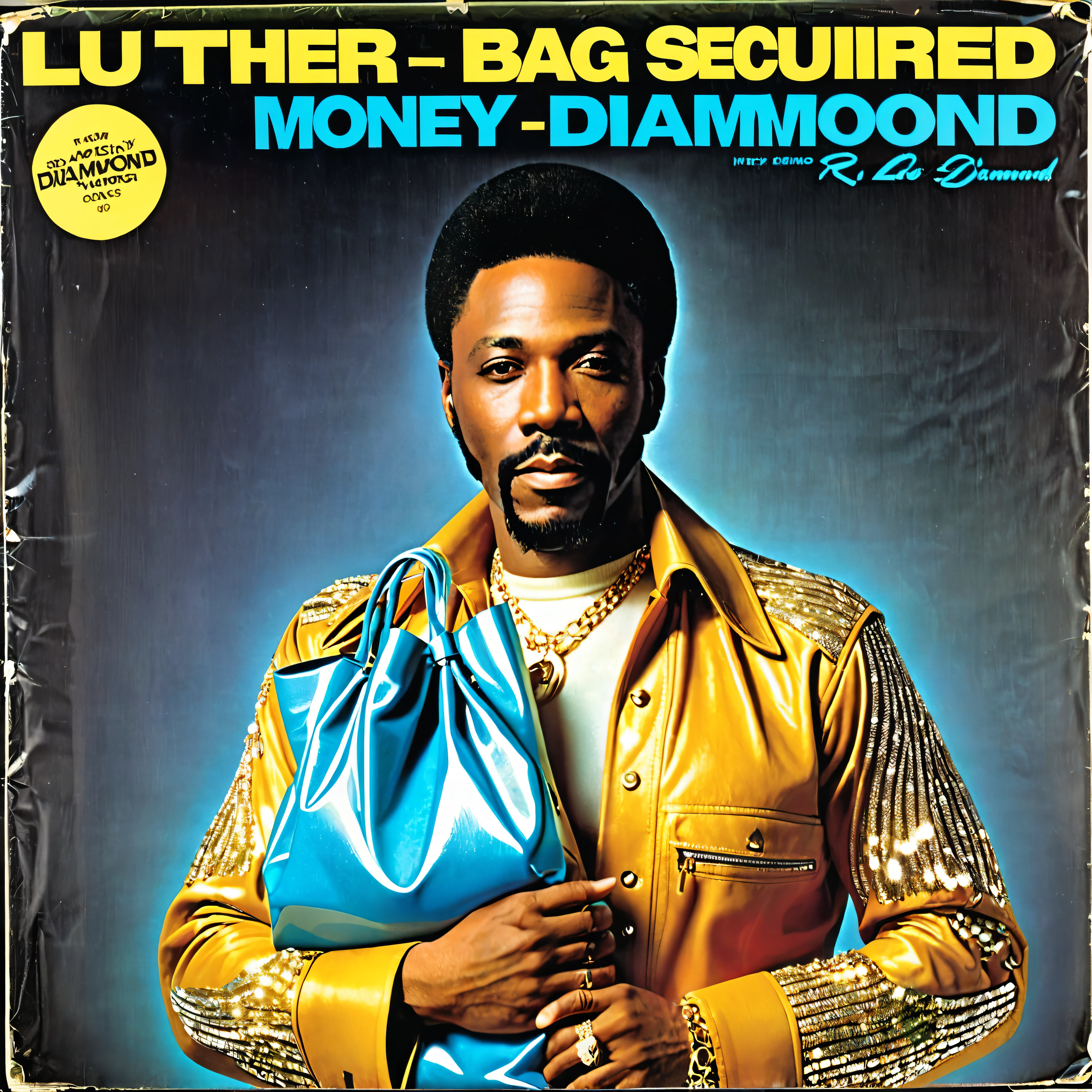 1970s vinyl album cover for a song called "Bag Secured" by r&b singer "Luther Diamond", money bag
